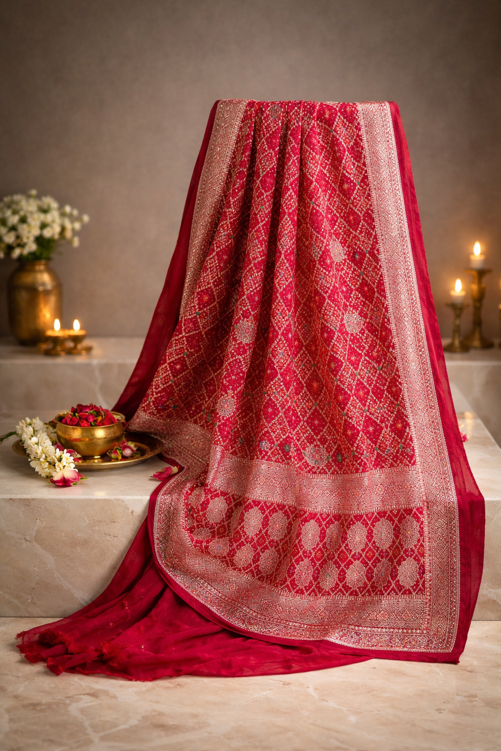 ODHANA 005: Vermilion Red Handcrafted Bandhani Pure Khaddi Georgette Odhana with Zari Border