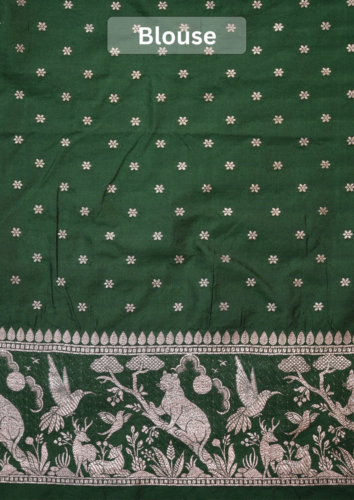 Waah Banaras 180D: Pine green Semi Katan Silk Saree With Beautiful Bird Border
