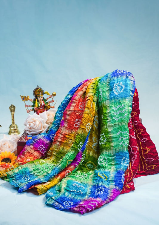 "VIRASAT 110C" Banarasi Vibrant Multicolor Pure Gajji Ghat Chola Bandhej Handloom Saree