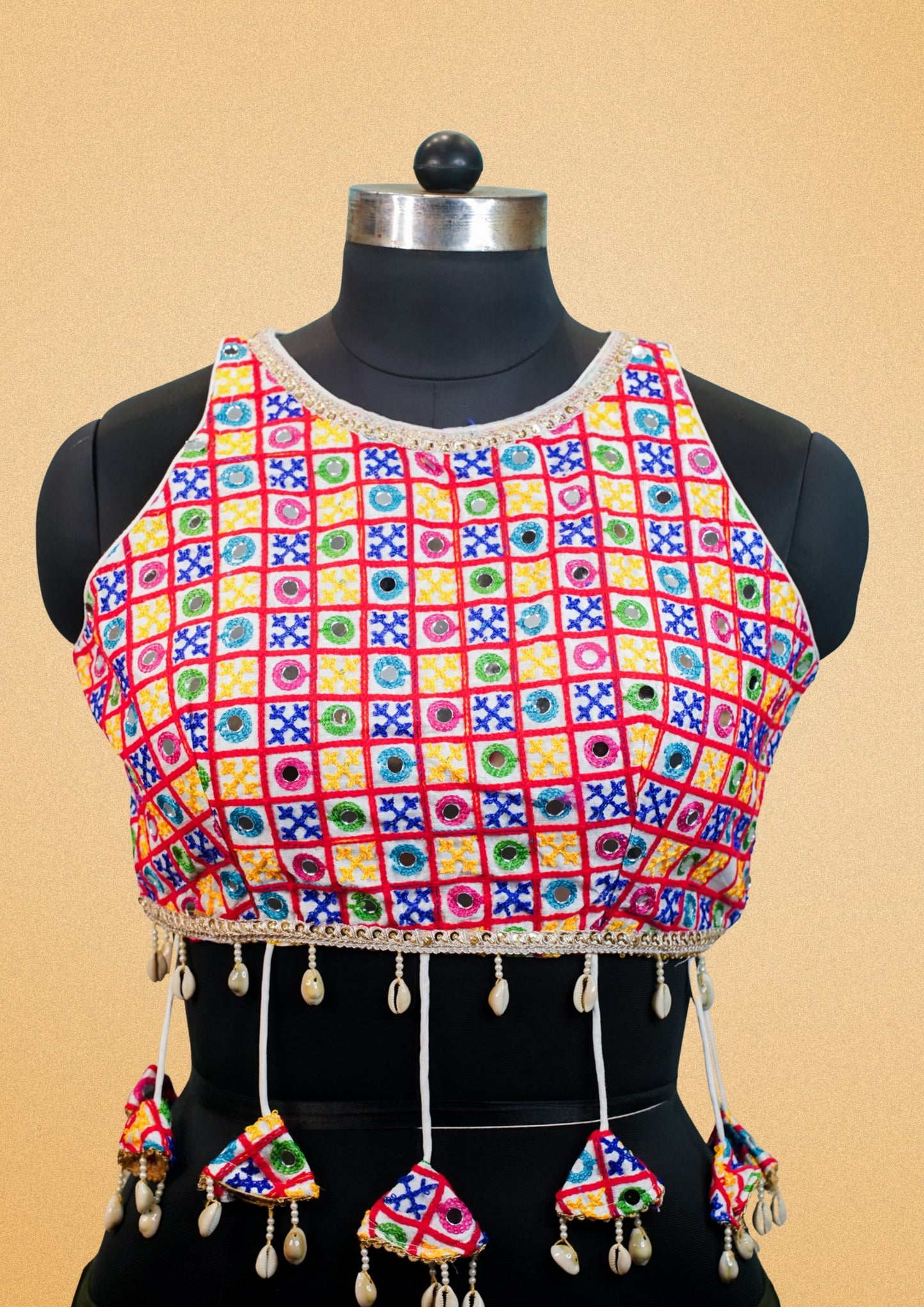 "RDM BL 007" Banarasi Colorful Mirror Work Embroidered Blouse with Shell Tassels