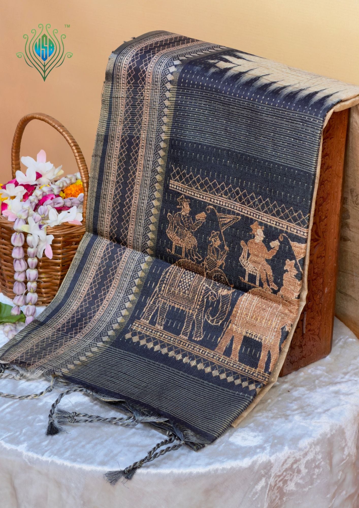 UTSAV BANARAS 383: Elegant Beige Tussar Silk Saree with Kalamkari Floral Print & Royal Elephant Border