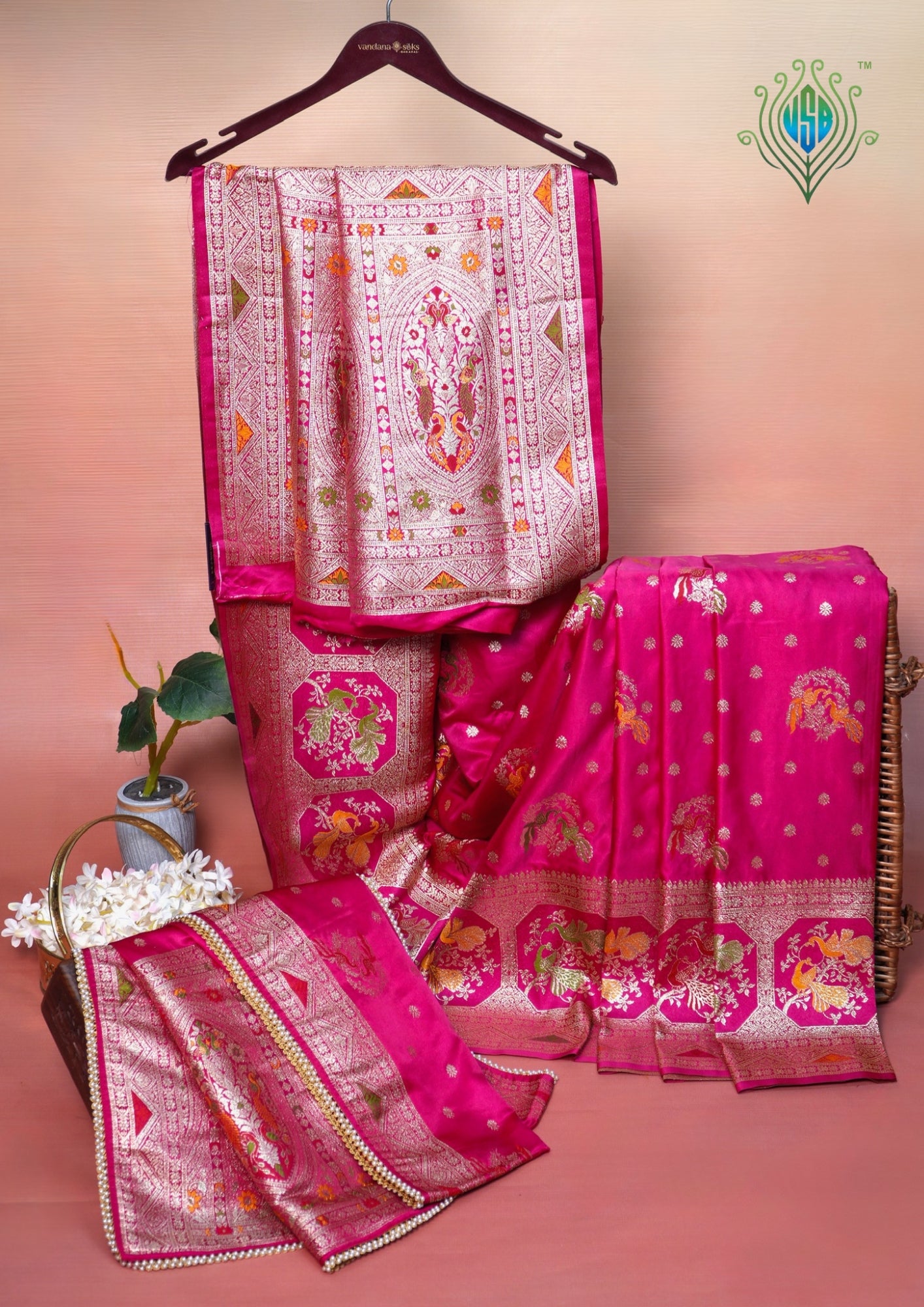 UTSAV BANARAS 422: Dulhan Rani Pink Satin Mashru Valkalam Saree with Meenakari Floral Border & Matching Dupatta