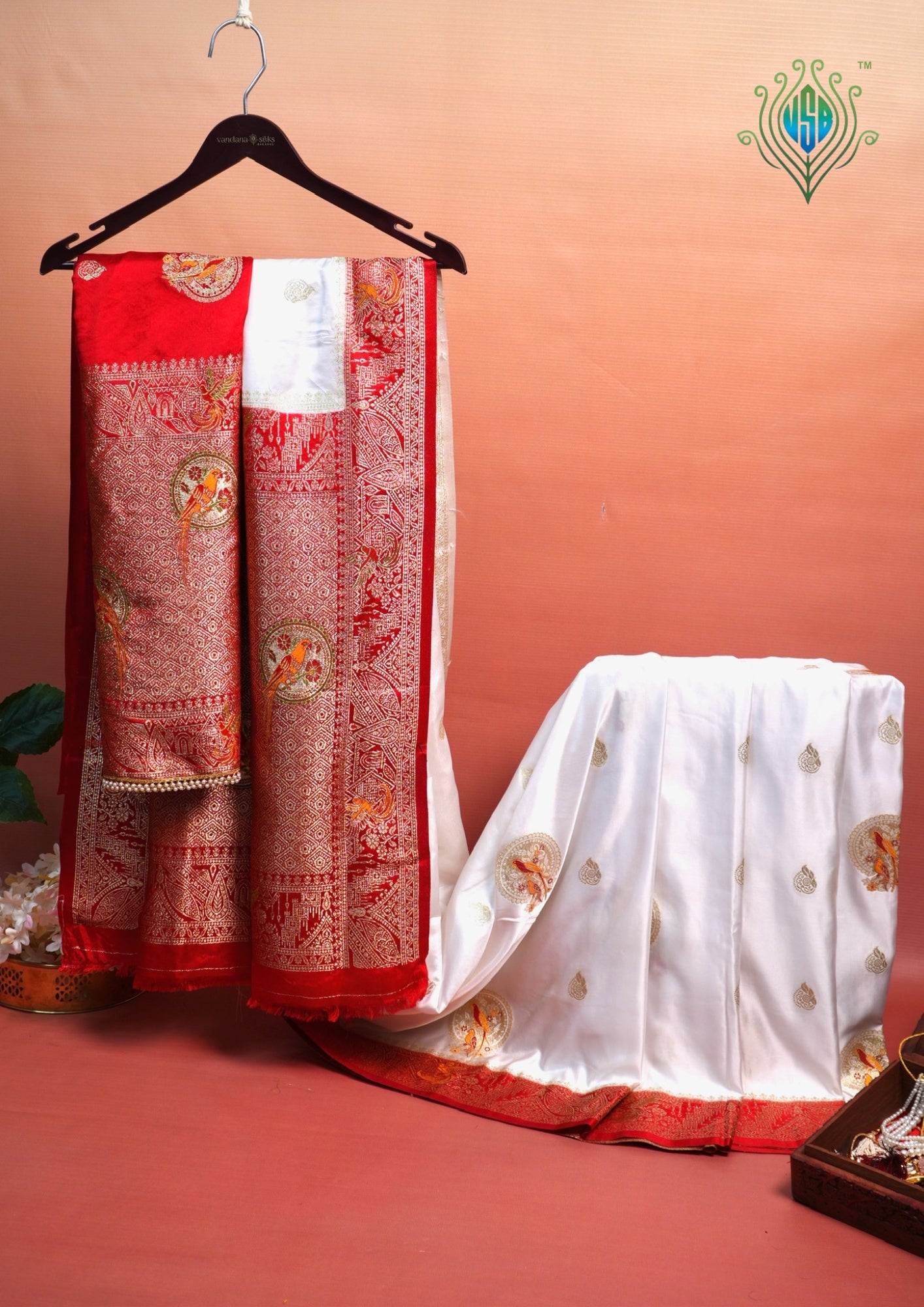 UTSAV BANARAS 421: Creamy White Satin Mashru Valkalam Saree with Meenakari Floral Border & Matching Dupatta