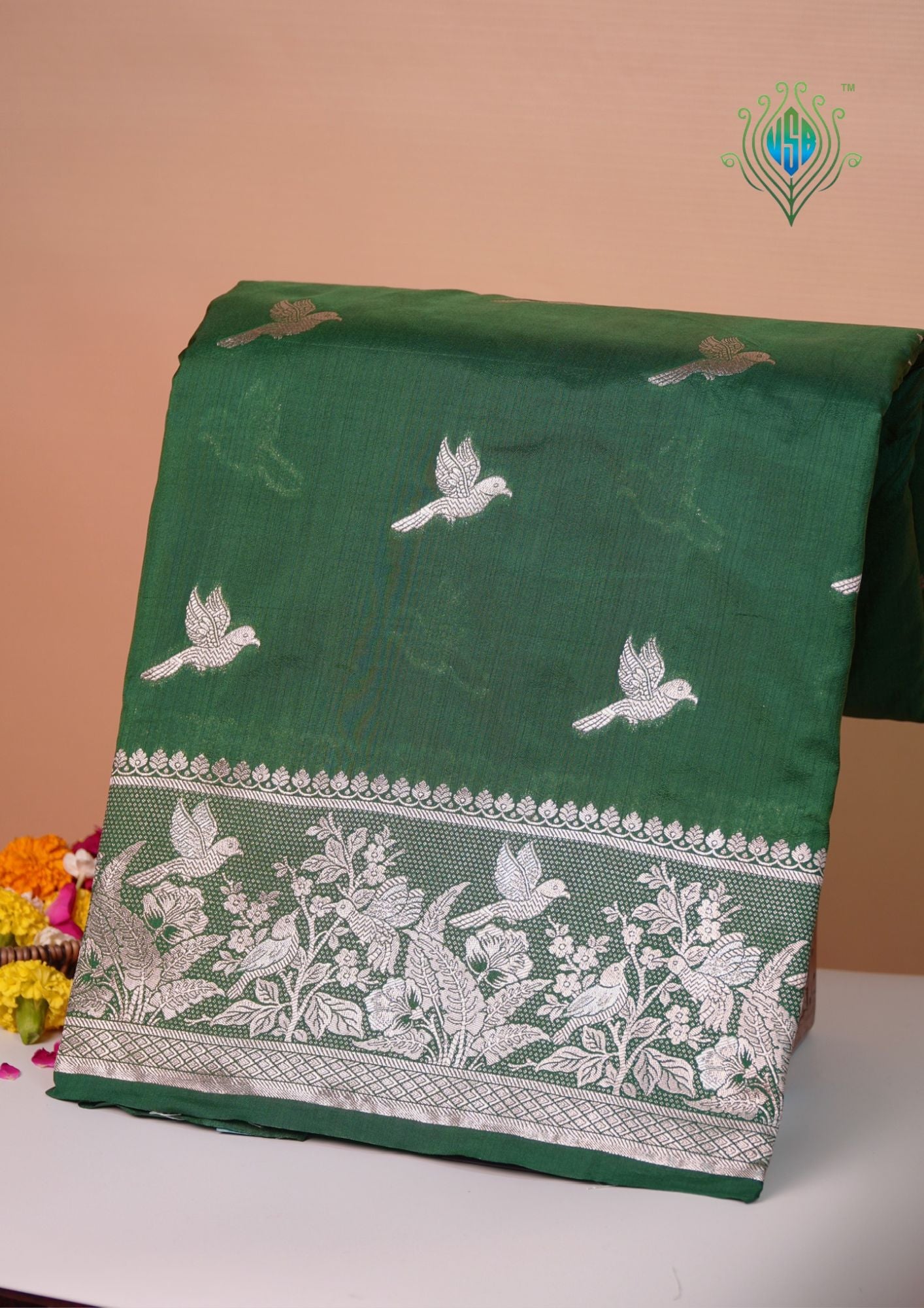 Waah Banaras 182C: Rifle green Semi Katan Silk Saree With Beautiful Bird Border