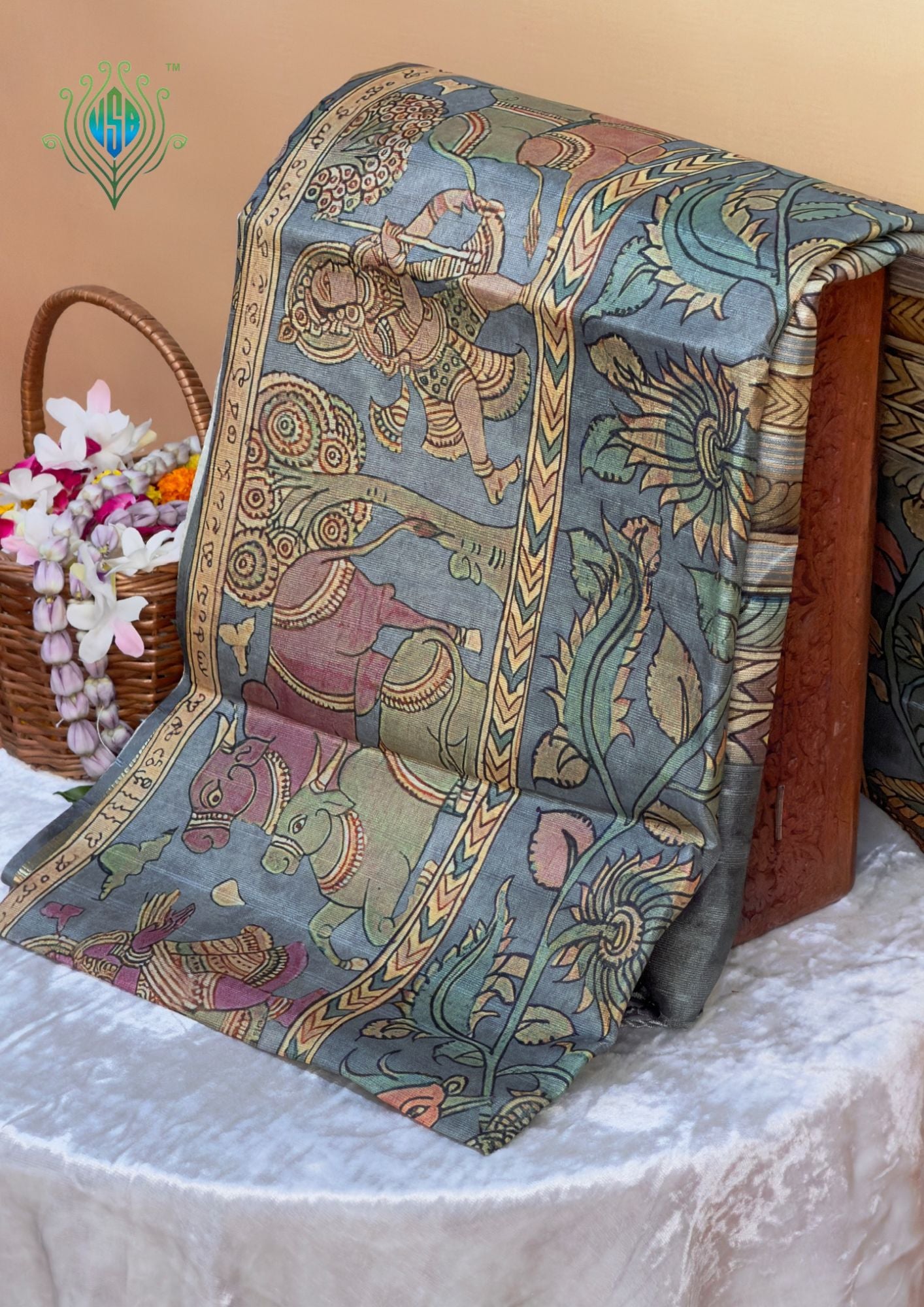 UTSAV BANARAS 392: Elegant Teal Grey tussar Silk Saree with Traditional Pen Kalamkari Narrative Print