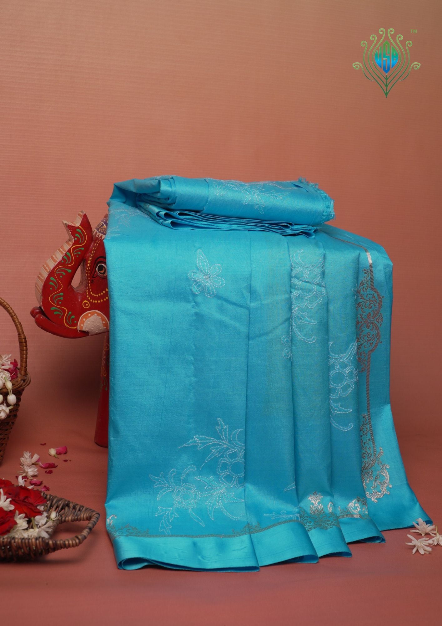 VIRASAT 443: Sky True Blue Pure Katan Silk Saree with Kadwa Zari Satin Border & Chikankari Weaving | Silk Mark Certified