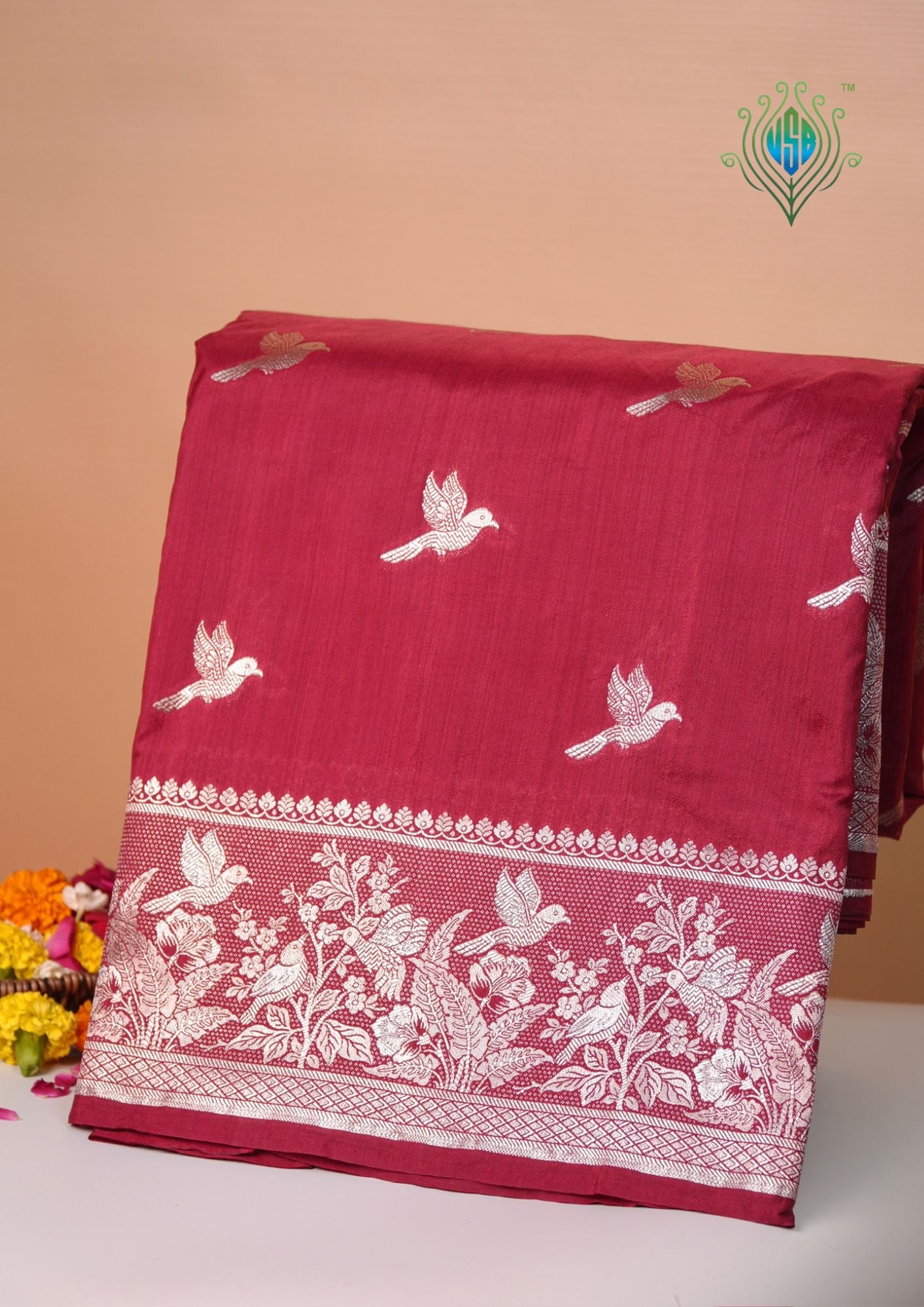 Waah Banaras 182D: Crimson Maroon Semi Katan Silk Saree With Beautiful Bird Border