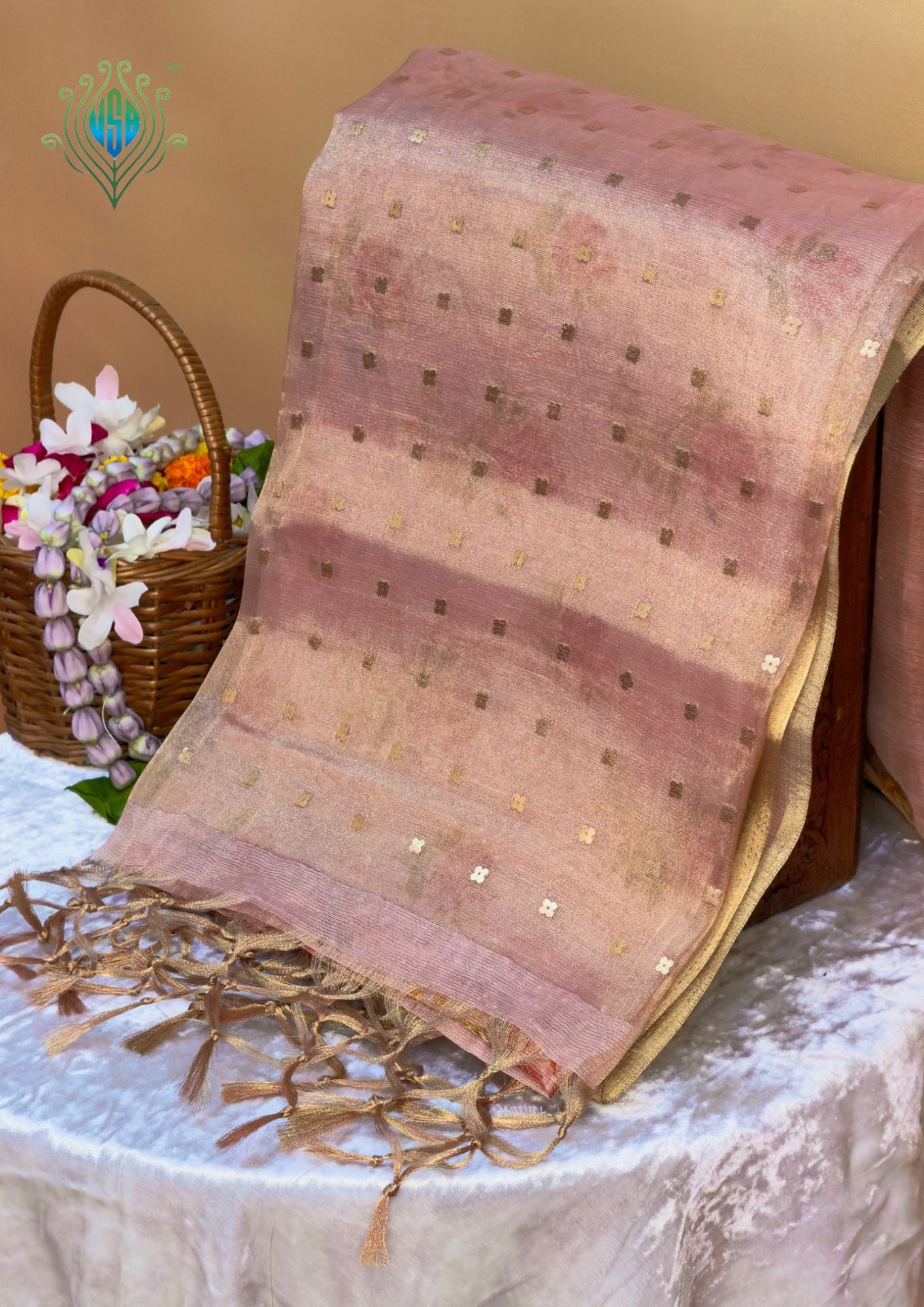 UTSAV BANARAS 391: Tissue Silk Digital Printed Saree Rose Gold with Floral print woven sequence work on Palla