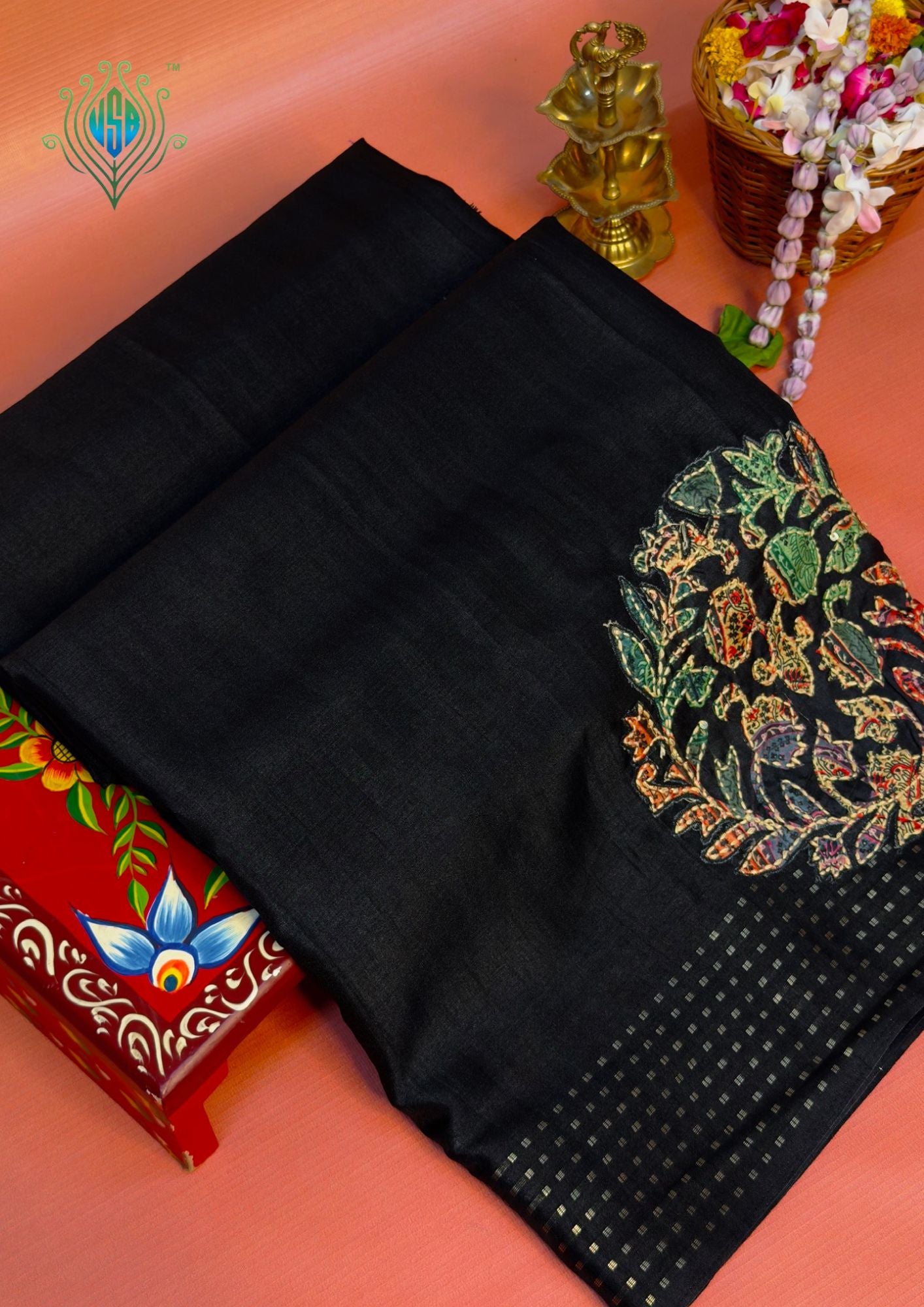 WAAH BANARAS 161: Elegant Black Tusser Silk Saree with Handcrafted Kantha Work Mandala Motifs
