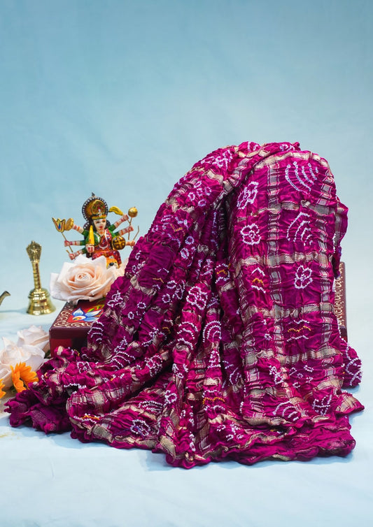 "VIRASAT 110D" Banarasi Shades Of Magenta Pure Gajji Ghat Chola Bandhej Handloom Silk Saree