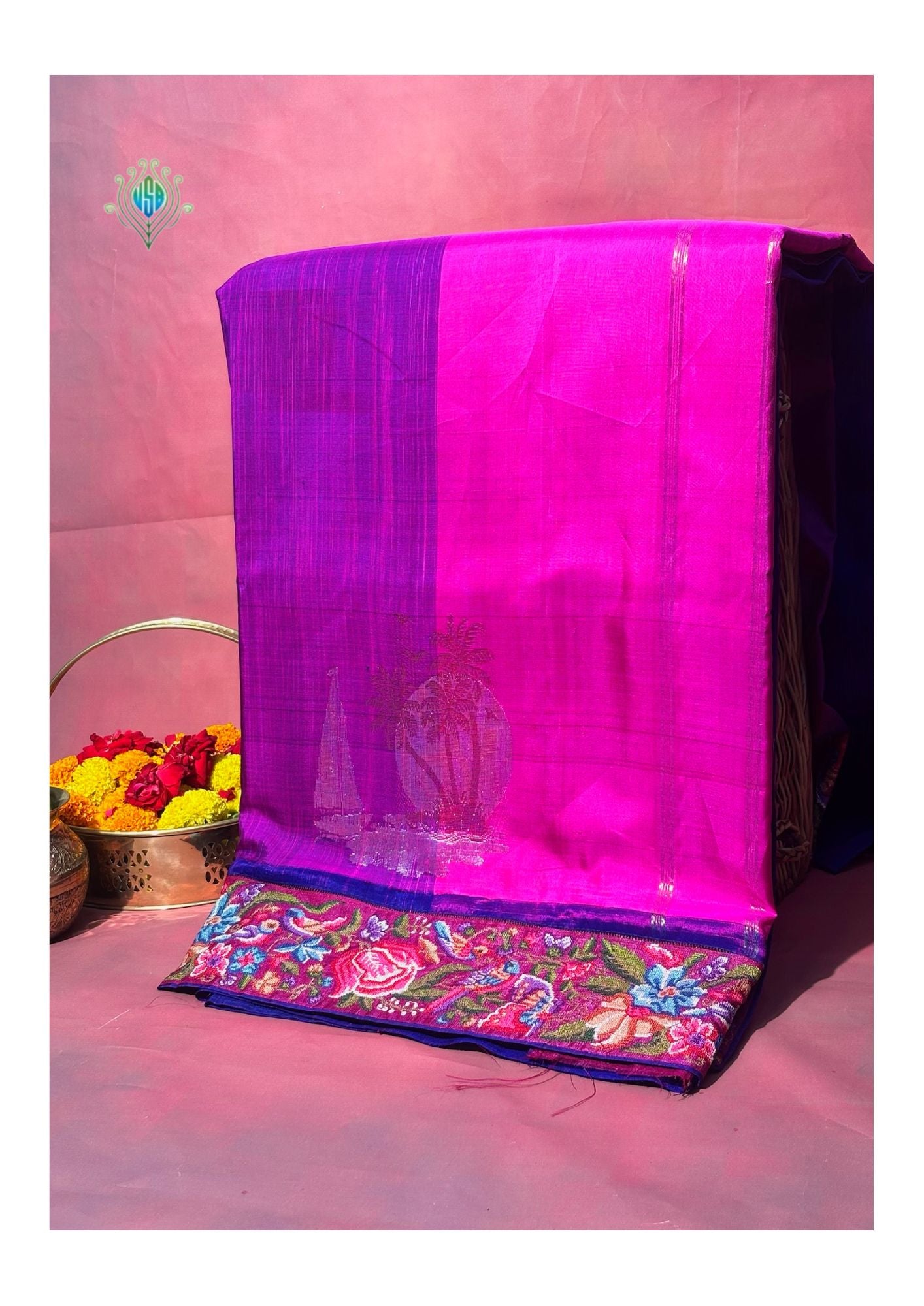 Founder Choice 058: Founder Choice 058: Magenta & Violet Pure Kanjivaram Silk Saree with Multi Cross Stitch Border | Silk Mark Certified