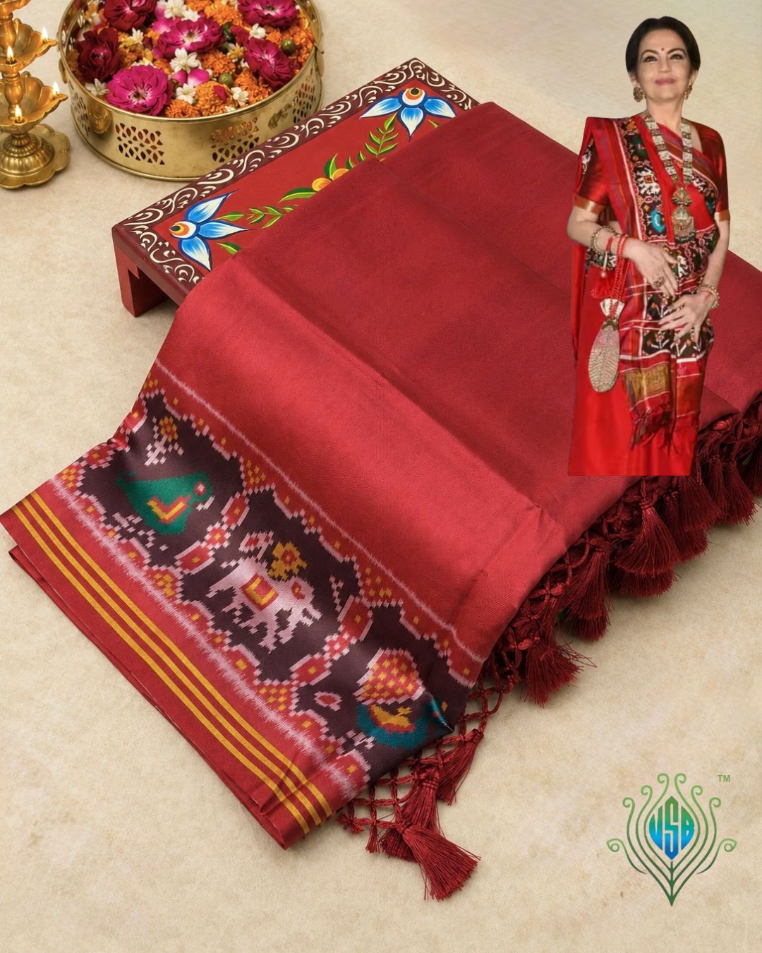 UTSAV BANARAS 400: Glossy Red Patola Silk Saree with Traditional Ikkat Design