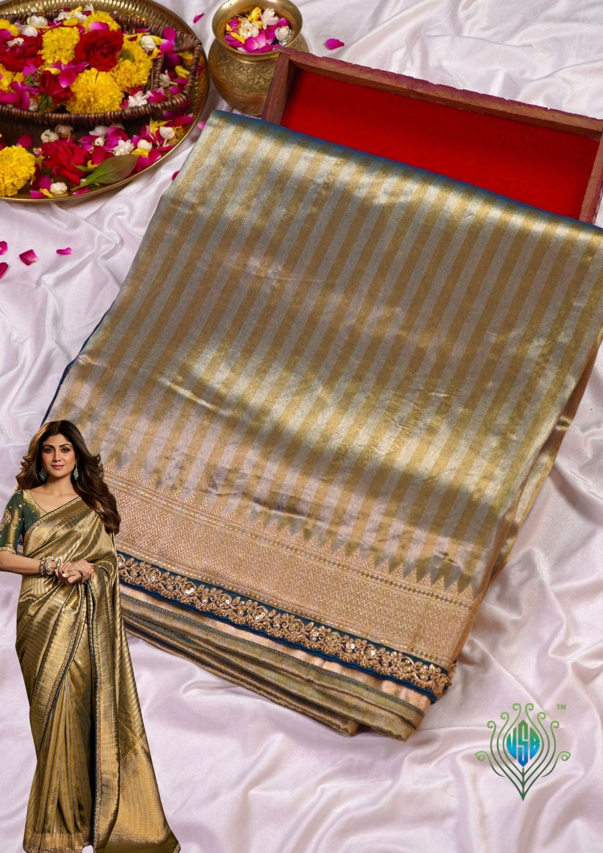 VIRASAT 1004: Olive Green Glass Tissue Dual Zari Silk Saree Striped Elegance with Zardozi Grandeur