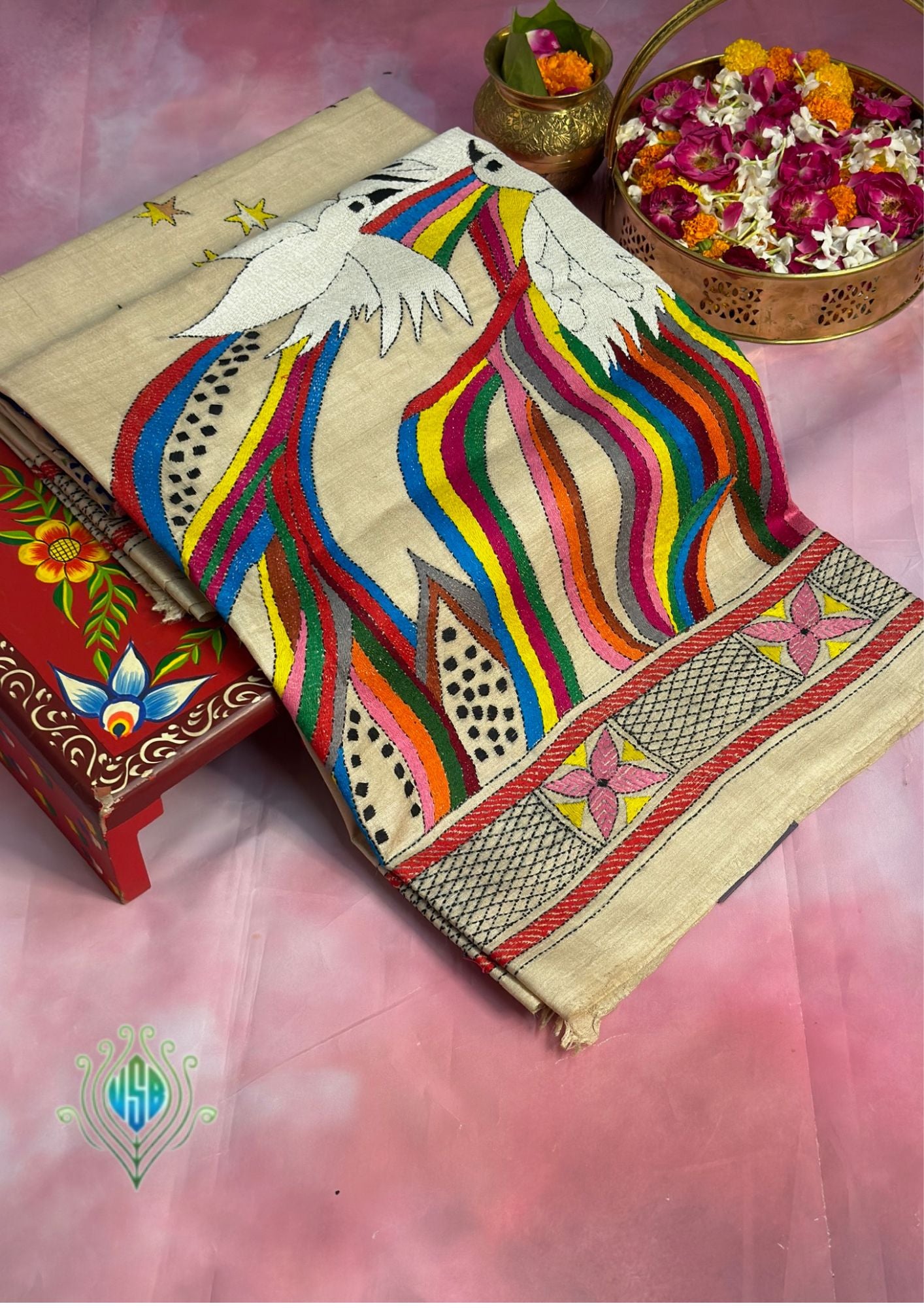 VIRASAT 361: Gold Beige Pure Tussar Silk Saree with Artistic Cross Stitch Work | Silk Mark Certified