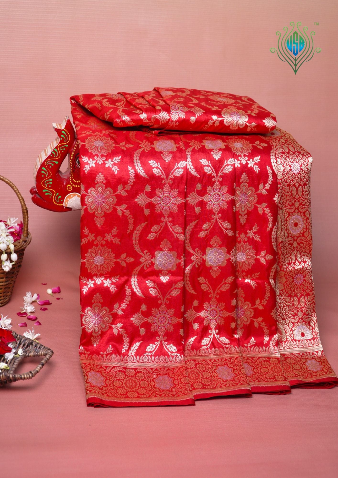 VIRASAT 438: Pure Red Pure Katan Silk Alfi Saree with Sona Rupa Zari Floral Jaal & Zari Border | Silk Mark Certified