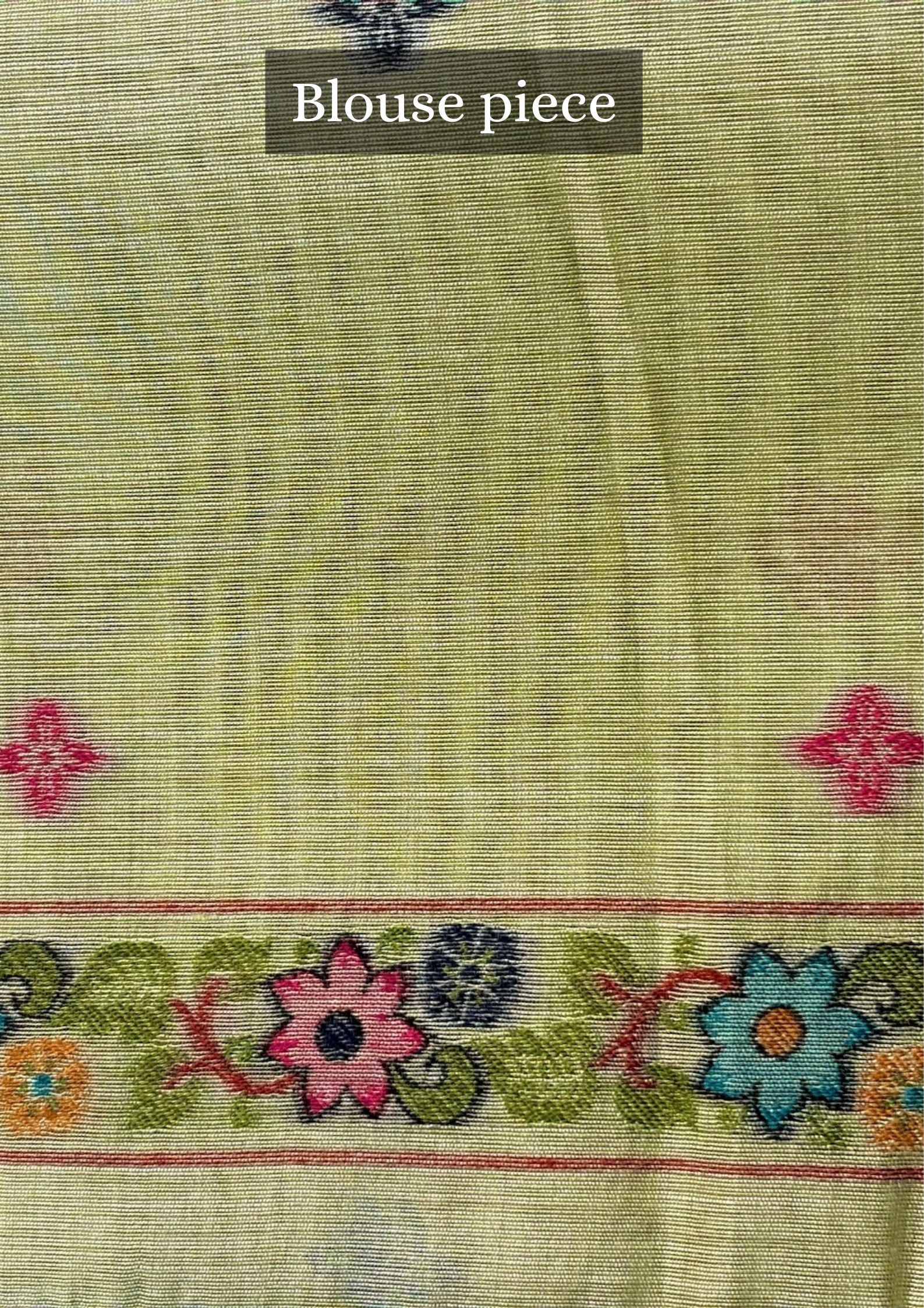 Utsav Banaras 376: Pista Green Handwoven Jamdani Saree with Peacock & Floral Tree Jaal