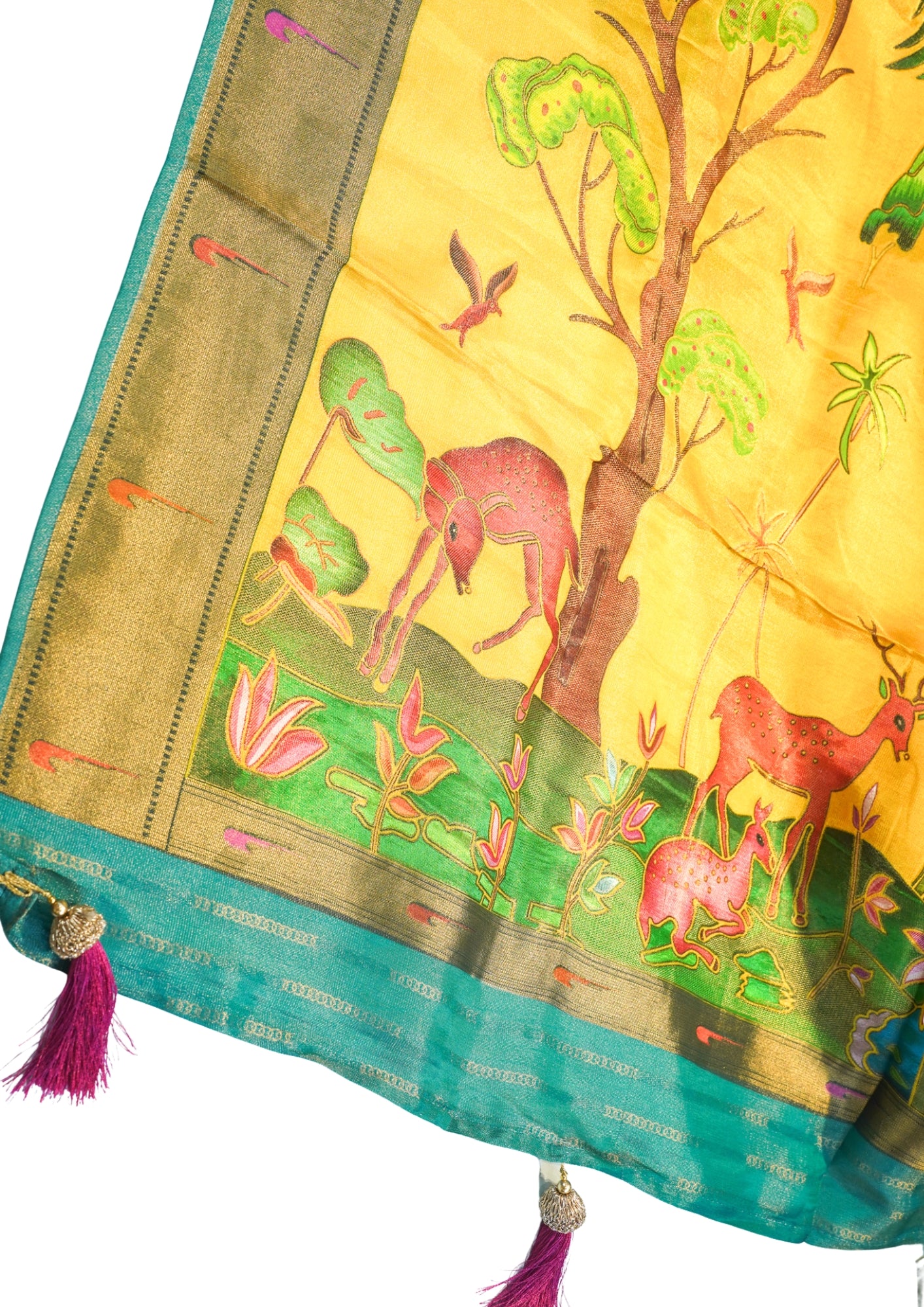 "Waah Banaras 088" Banarasi Vibrant Yellow Meenakari Pashmina Pathni Border Silk Sare