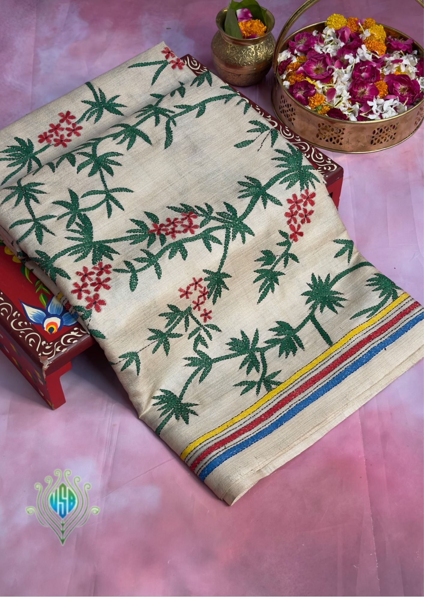 VIRASAT 363: Classic Beige Pure Tussar Silk Saree with Floral Vine Cross Stitch Work | Silk Mark Certified