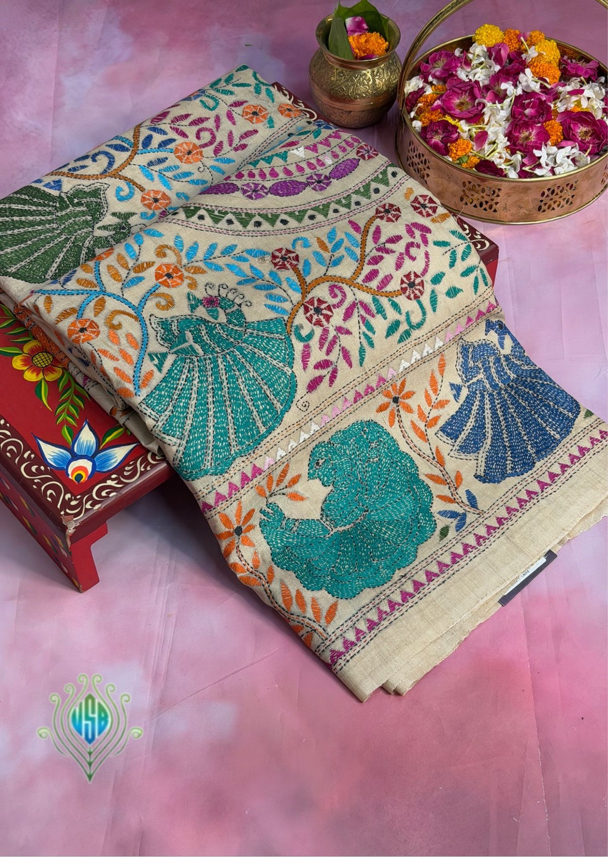 VIRASAT 357: Breezy Beige Pure Tussar Silk Saree with Multicolor Cross Stitch Work | Silk Mark Certified