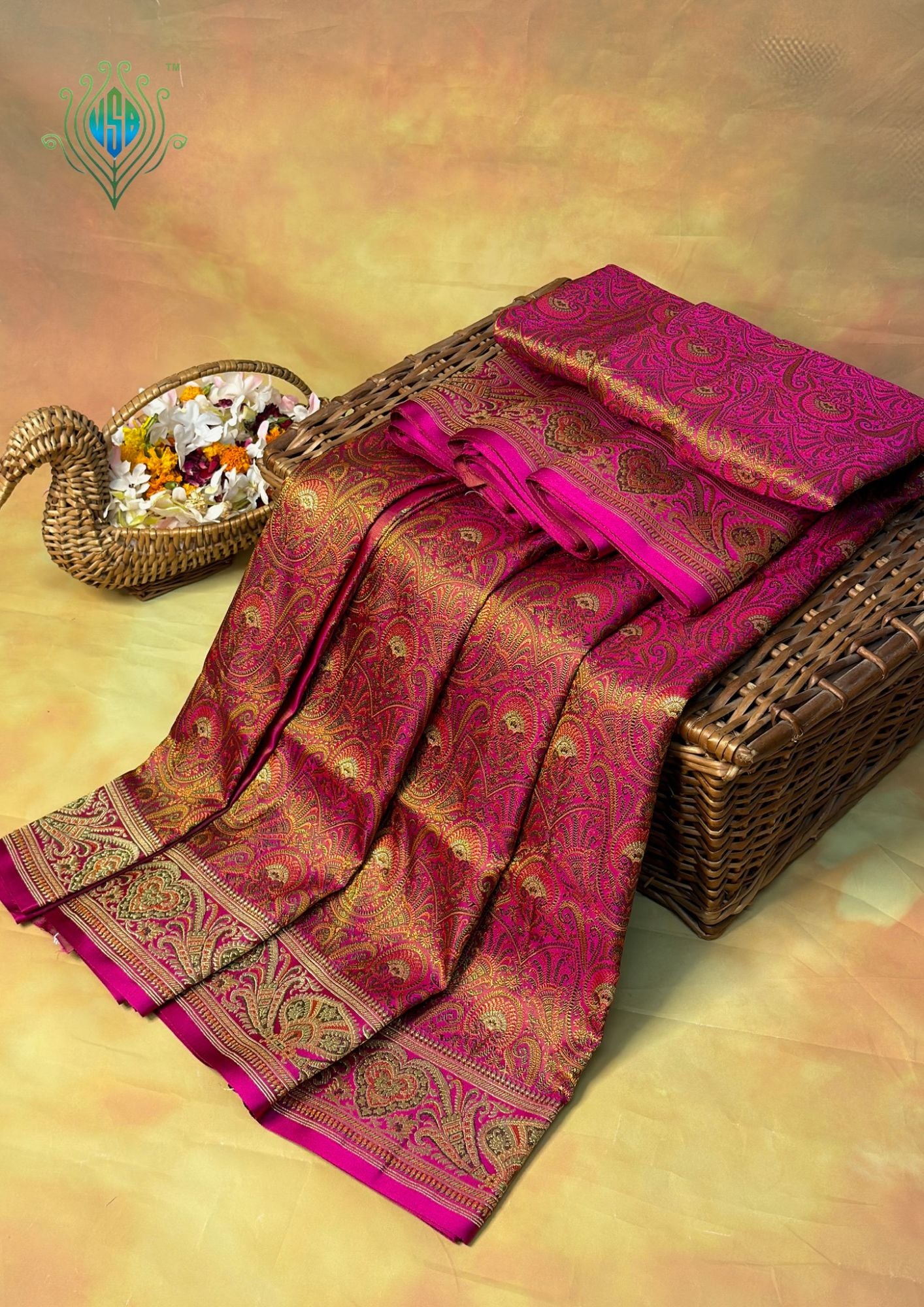WAAH BANARAS 166A: Deep Pink Satin Tanchoi Silk Saree with Rich Zari, Resham Weaving & Grand Floral Paisley Border (Copy)