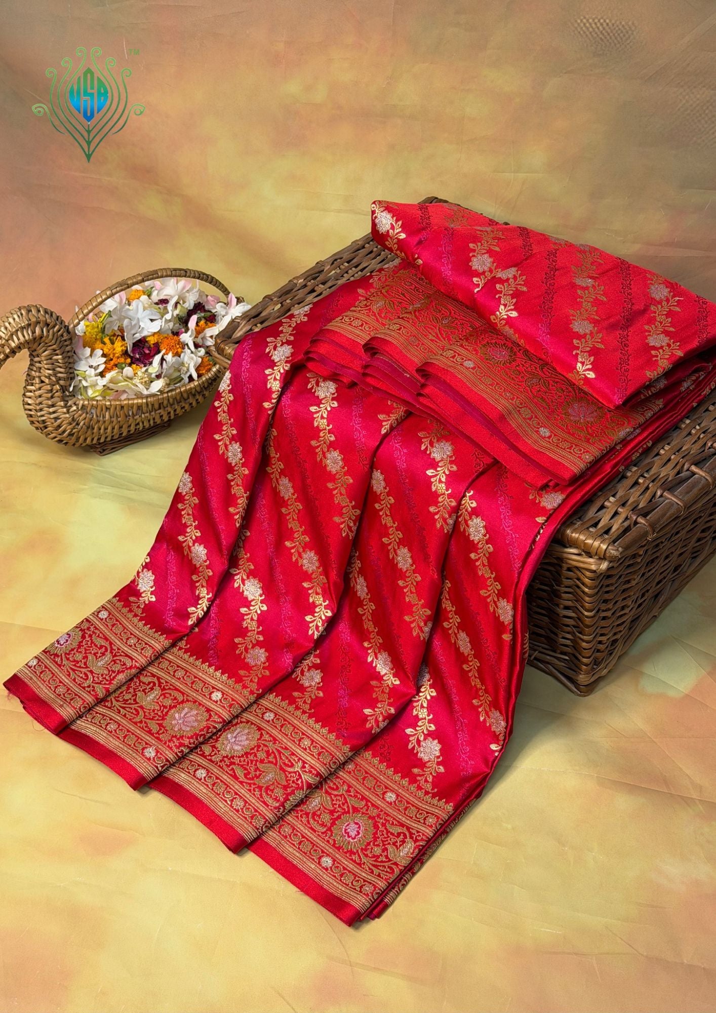WAAH BANARAS 163B: Redish Pink Satin Mashru Silk Saree with Sona Rupa Zari Stripes, Resham Weaving & Floral Border (Copy)