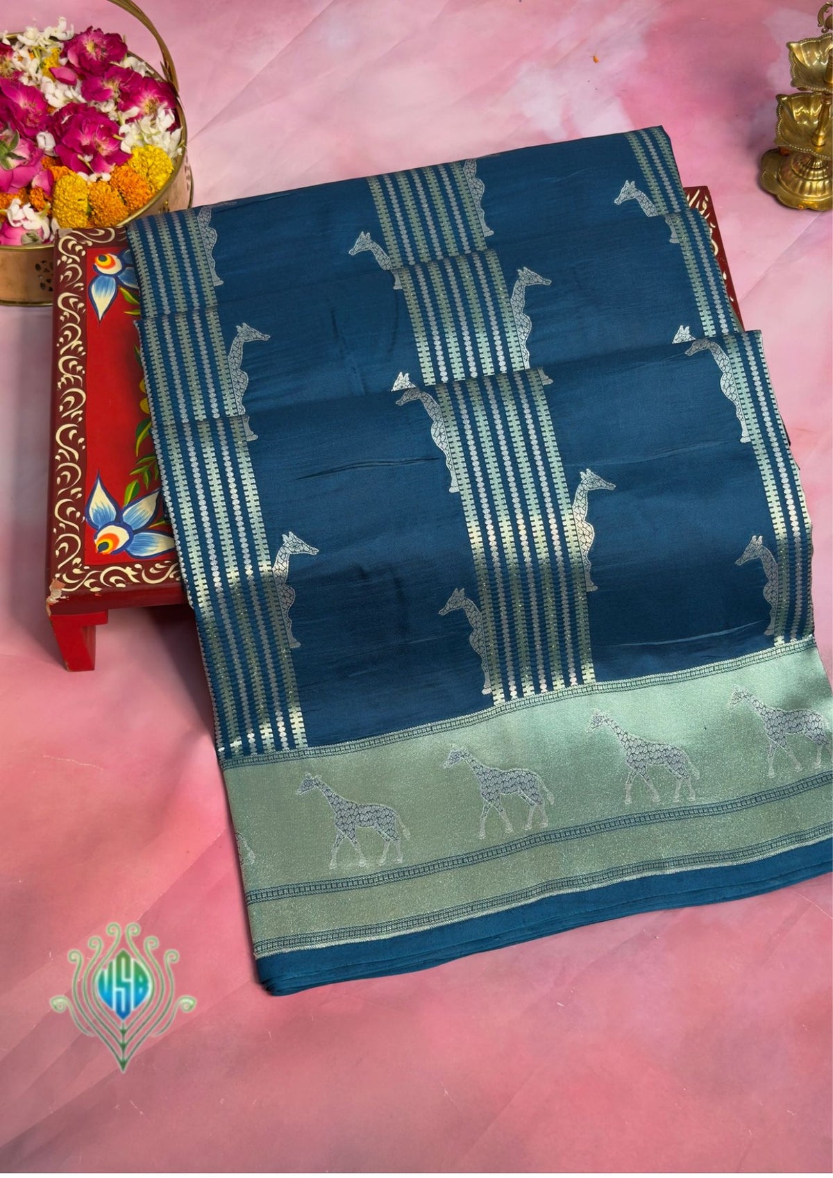 VIRASAT 364: Crystal Teal Blue Pure Katan Silk Saree with Gold & Silver Zari Animal Stripe Design