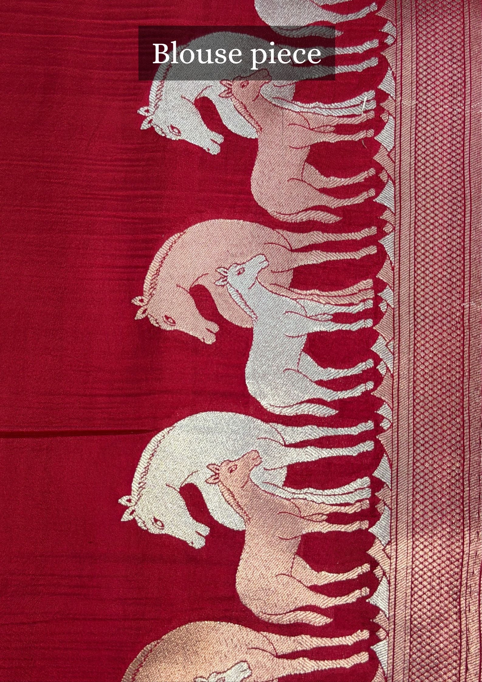 VIRASAT 366: Crimson Red Pure Katan Silk Saree with Sona Rupa Zari Animal Motifs | Silk Mark Certified