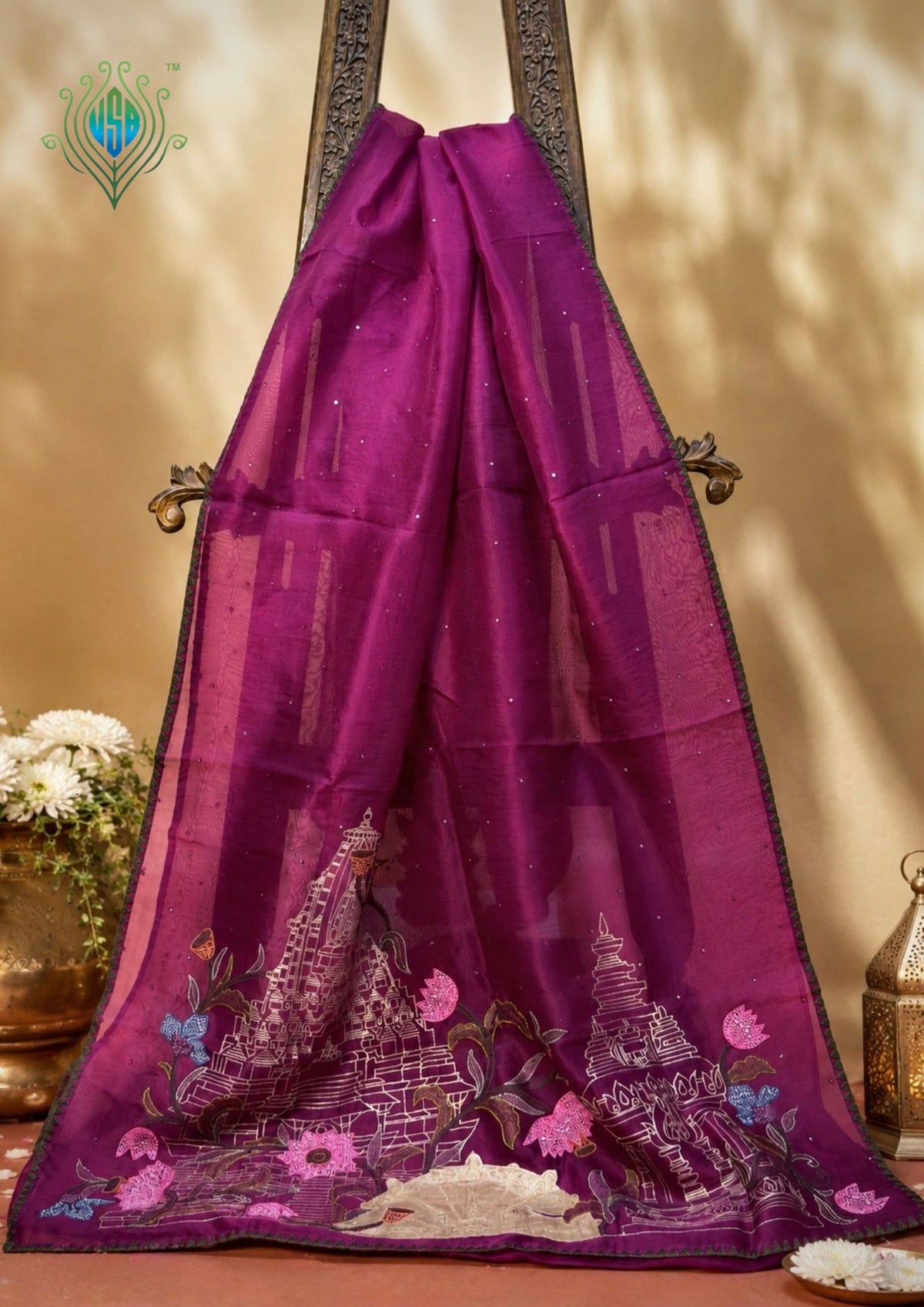 Founder Choice 066: Magenta Pure Organza Kora Saree with Sequins, Handcrafted Appliqué Pallu & Artistic Handwork Border