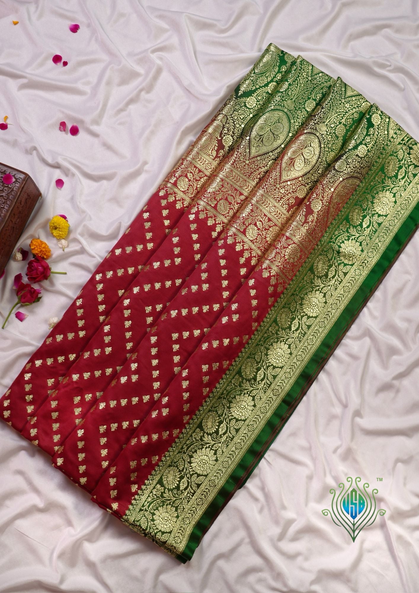 Waah Banaras173: Royal Red Satin Silk Banarasi Saree with Zig-Zag Buti & Contrast Pallu