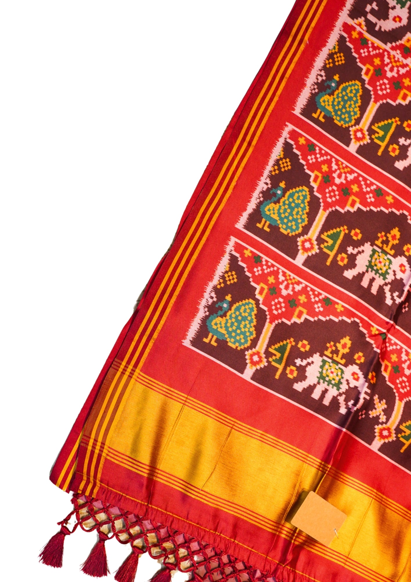 "Utsav Banaras 190" Banarasi Mustard Yellow Patola Silk Saree With Elephant & Peacock Motif