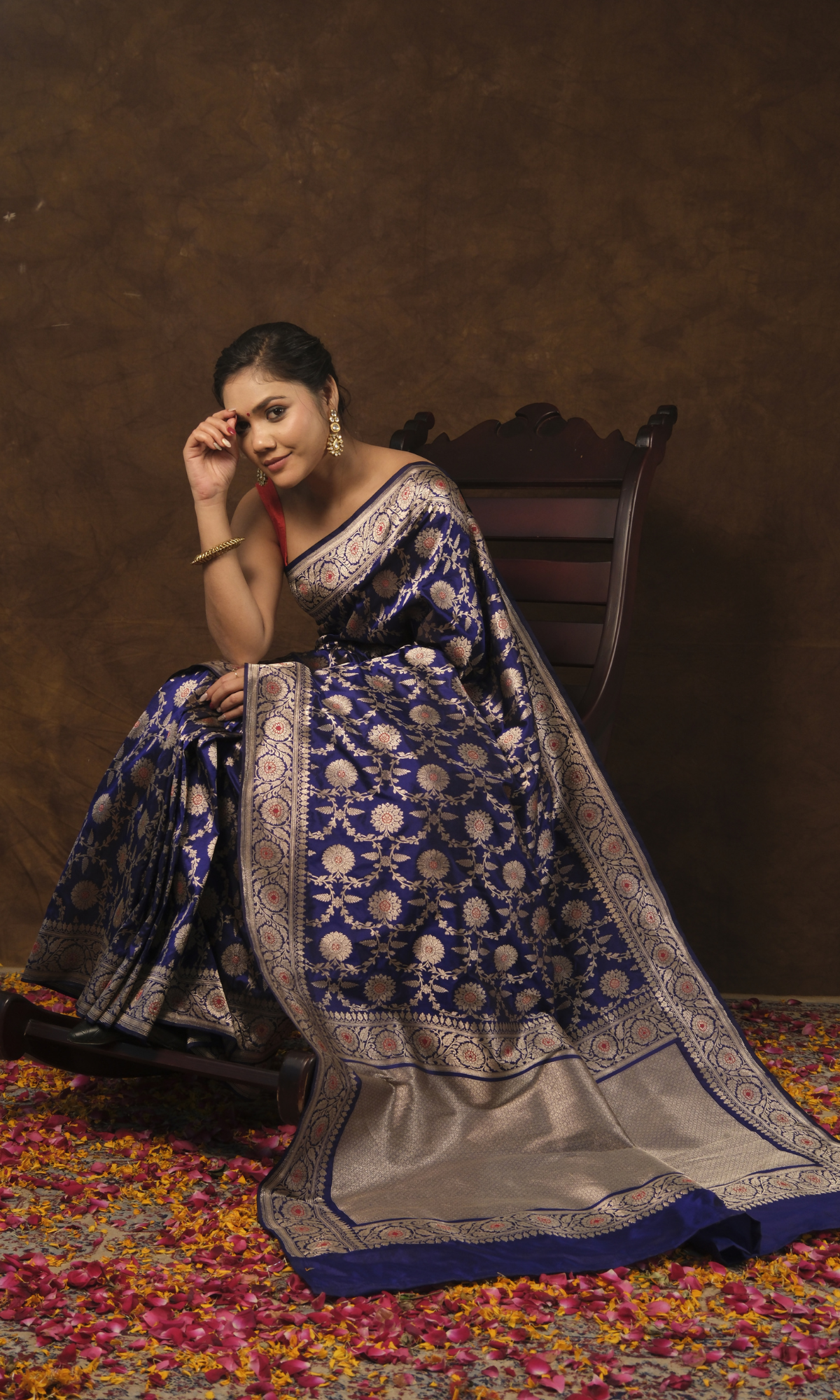 VIRASAT 161: Navy Blue Pure Handloom Katan Silk Mughal Meenakari Floral Jaal Saree