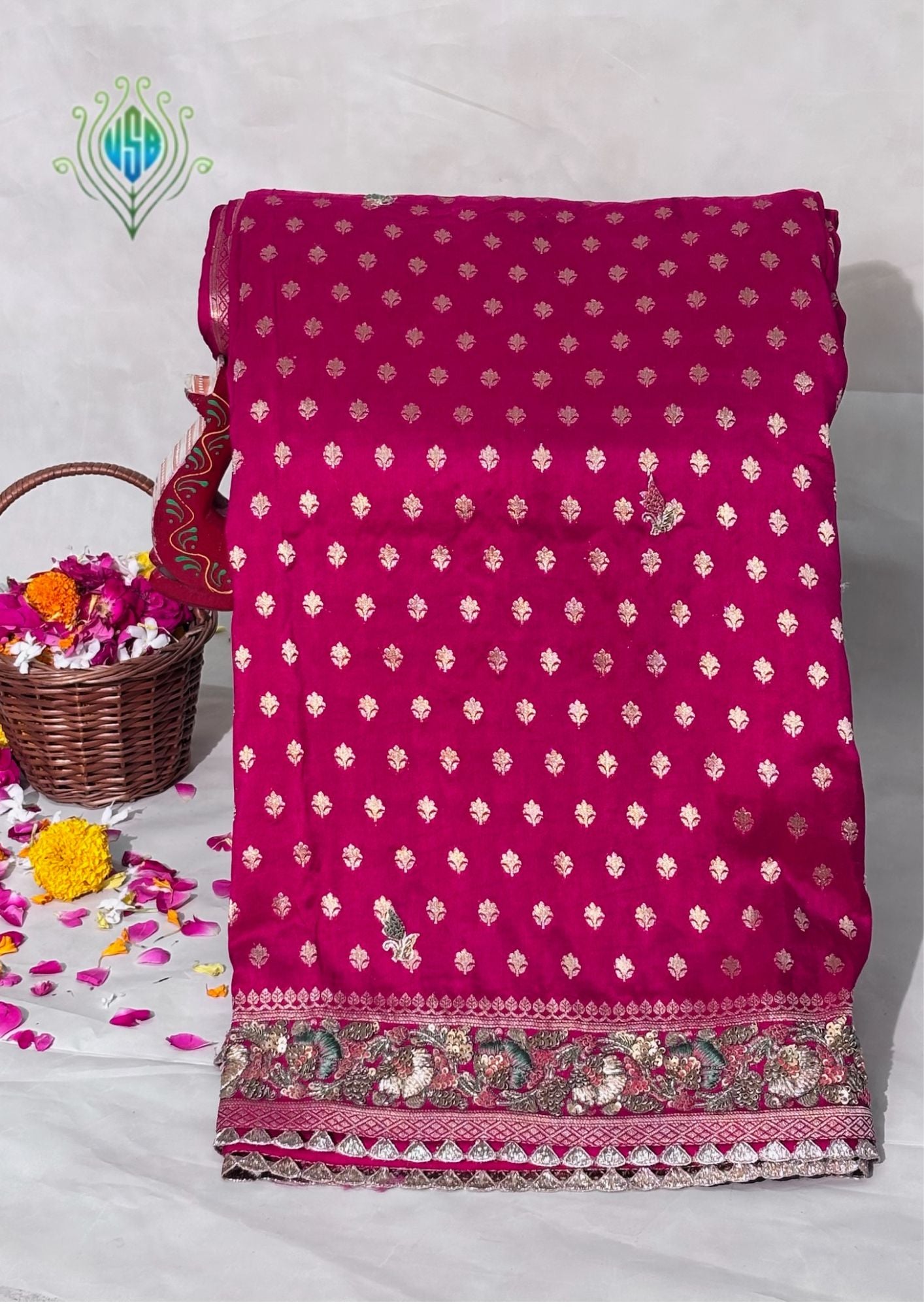 VIRASAT 388: Royal Pink Pashmina Silk Saree with Meenakari Parsi Work & Zardozi Handwork