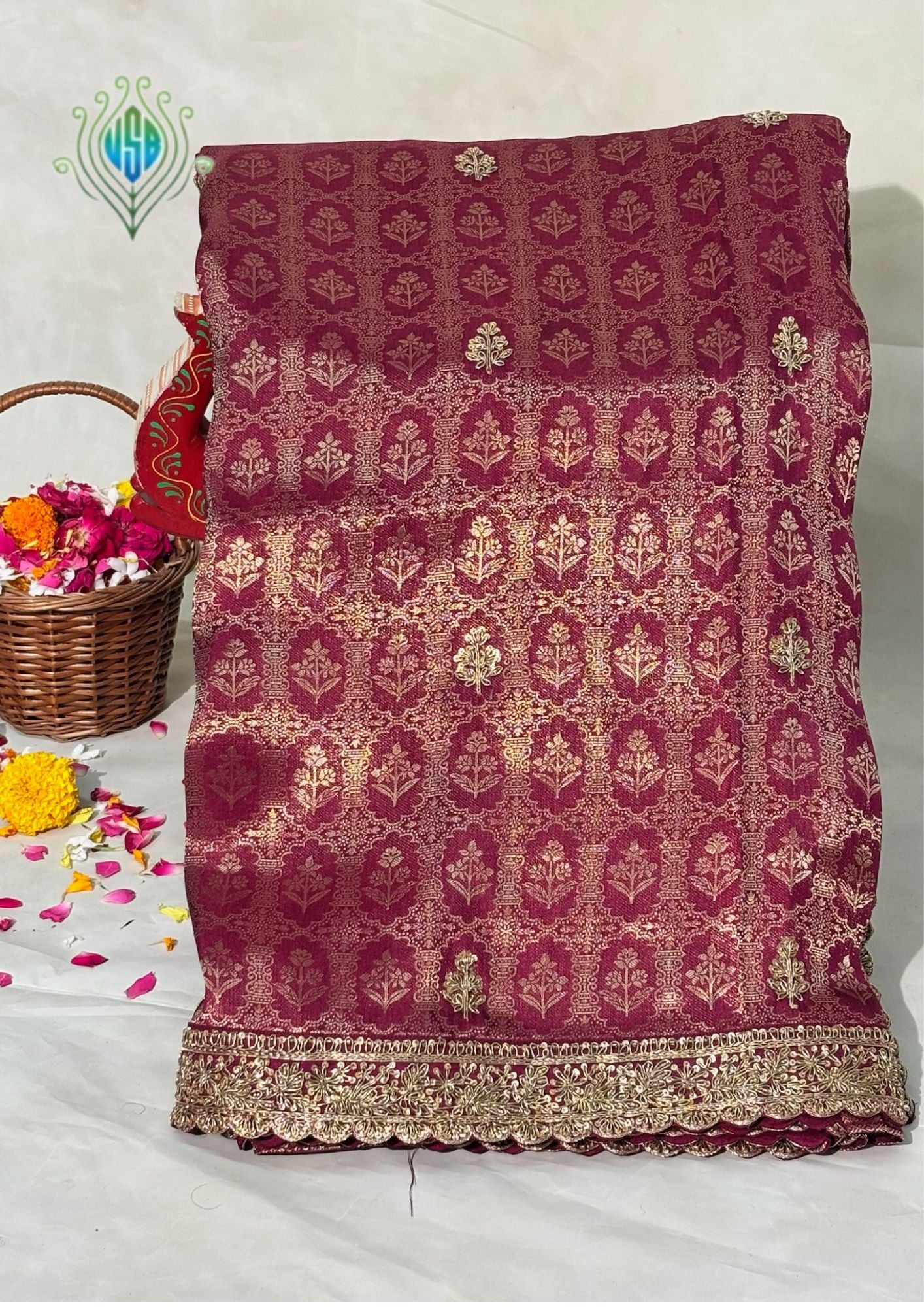 VIRASAT 384: Deep Wine Brocade Tissue Silk Saree with Antique Zari Weaving & Hand Zardozi Border