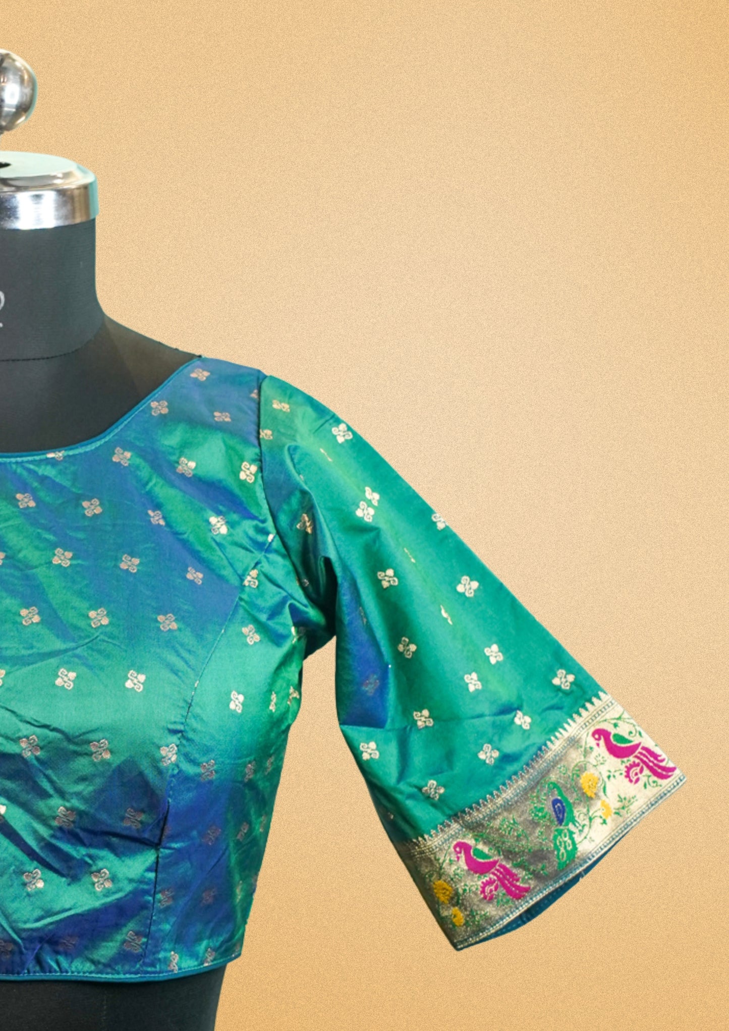 "RDM BL 010" Banarasi Elegant Green Blouse with Peacock Zari Border & Back Tie Design
