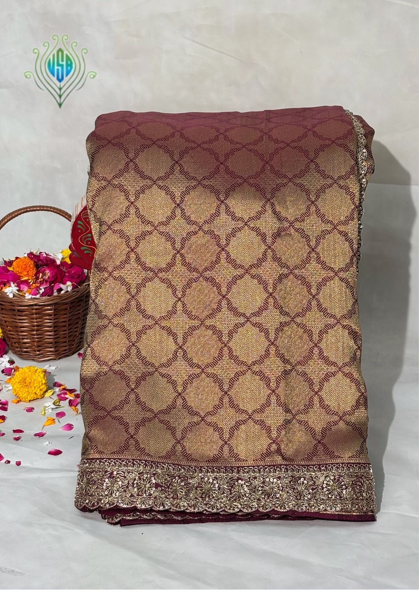 VIRASAT 386: Wine Brocade Tissue Silk Saree with Antique Zari Weaving & Hand Zardozi Border