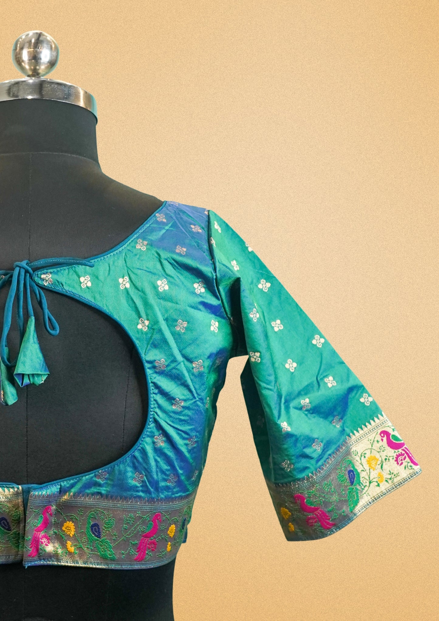 "RDM BL 010" Banarasi Elegant Green Blouse with Peacock Zari Border & Back Tie Design