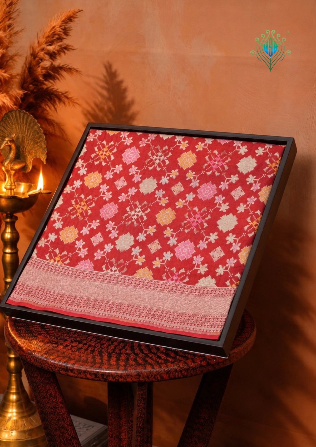 VIRASAT 405: Blood Red Pure Handloom Katan Silk Saree with All Over Zari & Meenakari Border-Pallu (Silk Mark Certified)