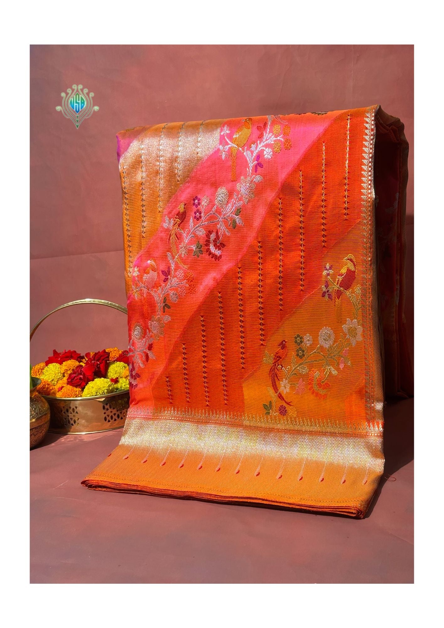 Founder Choice 061: Luxury Rangkat Pure Katan Silk Saree with Bird & Floral Meenakari Work | Silk Mark Certified