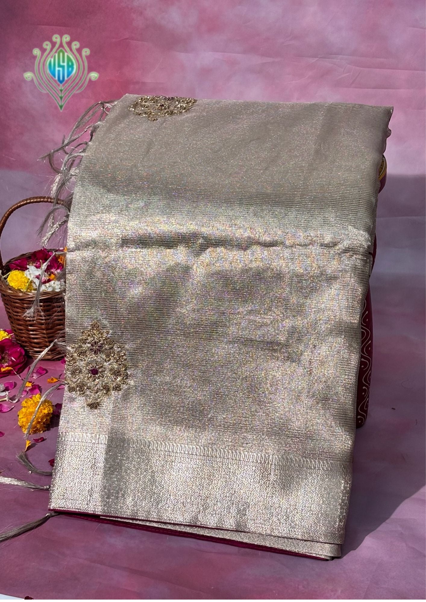 VIRASAT 378: Royal Silver Tissue Silk Saree with Hand Zardozi Work & Contrast Blouse