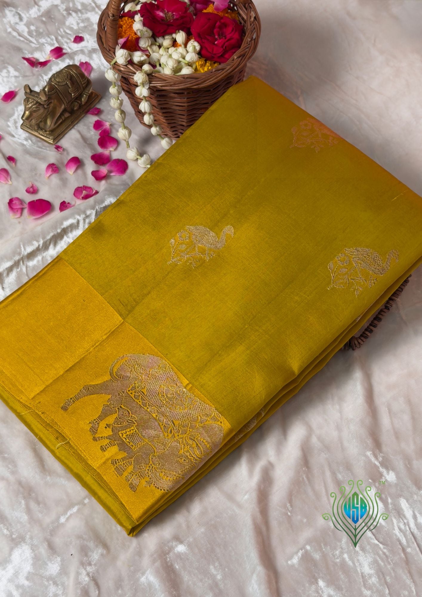VIRASAT 369: Ochre Yellow Pure Mulberry Silk Saree with Zari Animal Motifs
