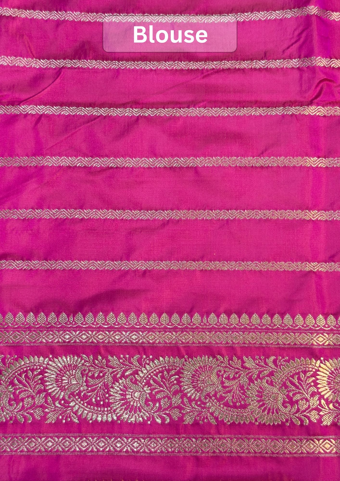 WAAH BANARAS 167: Rani Pink Satin Mashru Silk Saree with Gold Zari, Resham Weaving & Floral Border