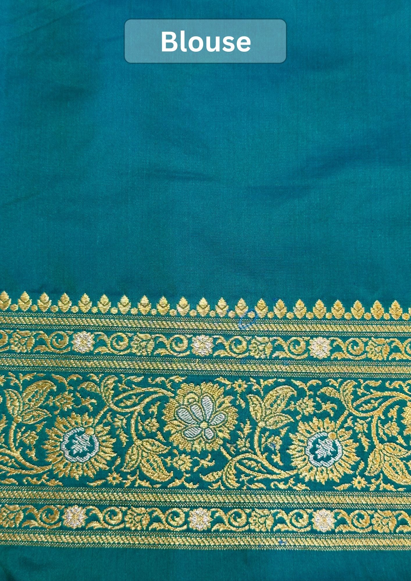 WAAH BANARAS 163A: Teal Blue Satin Mashru Silk Saree with Sona Rupa Zari Stripes, Resham Weaving & Floral Border
