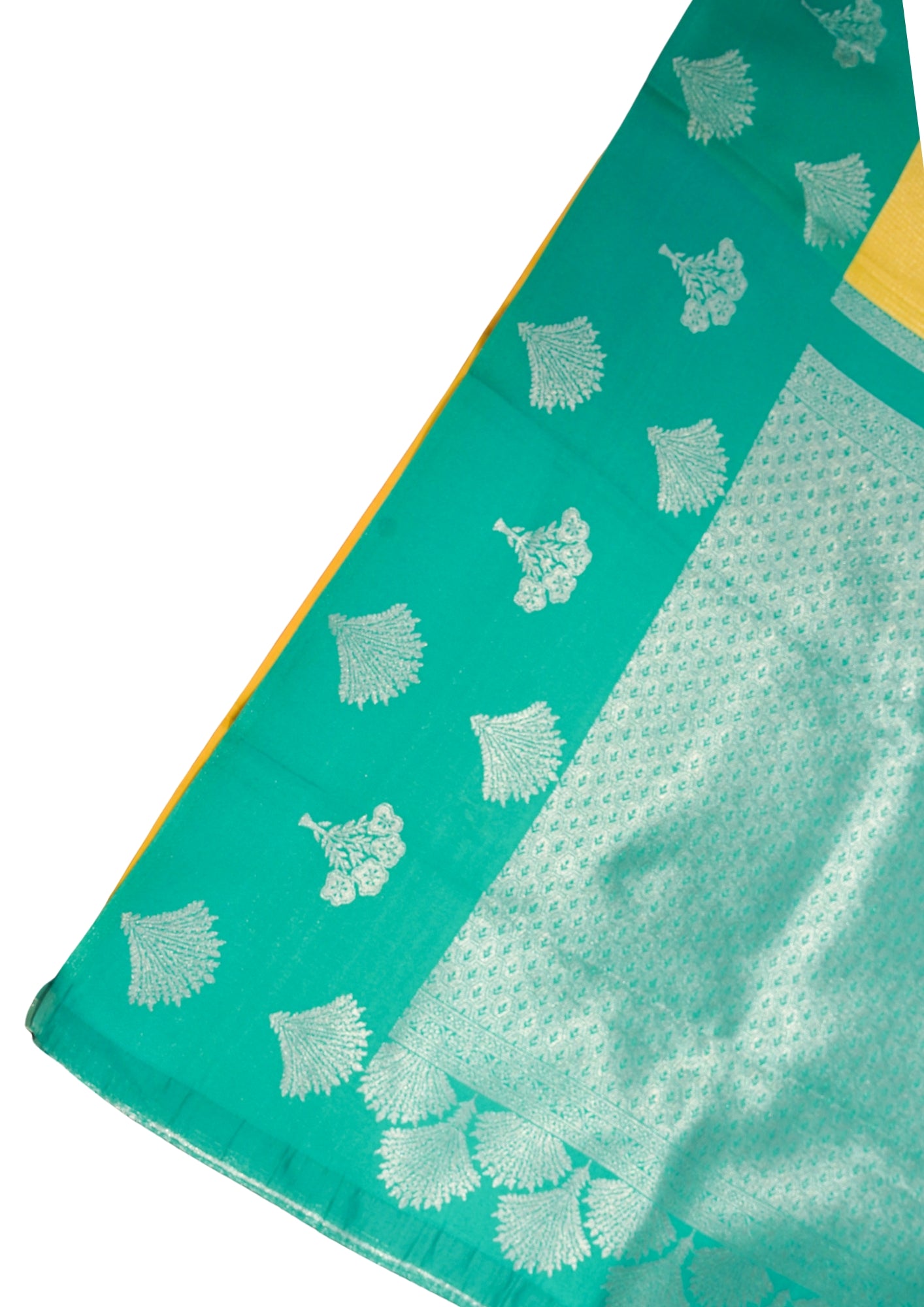 "Utsav Banaras 040A" Banarasi Tanchoi Silk Saree in Yellow & Rama Green with Silver Zari Motifs