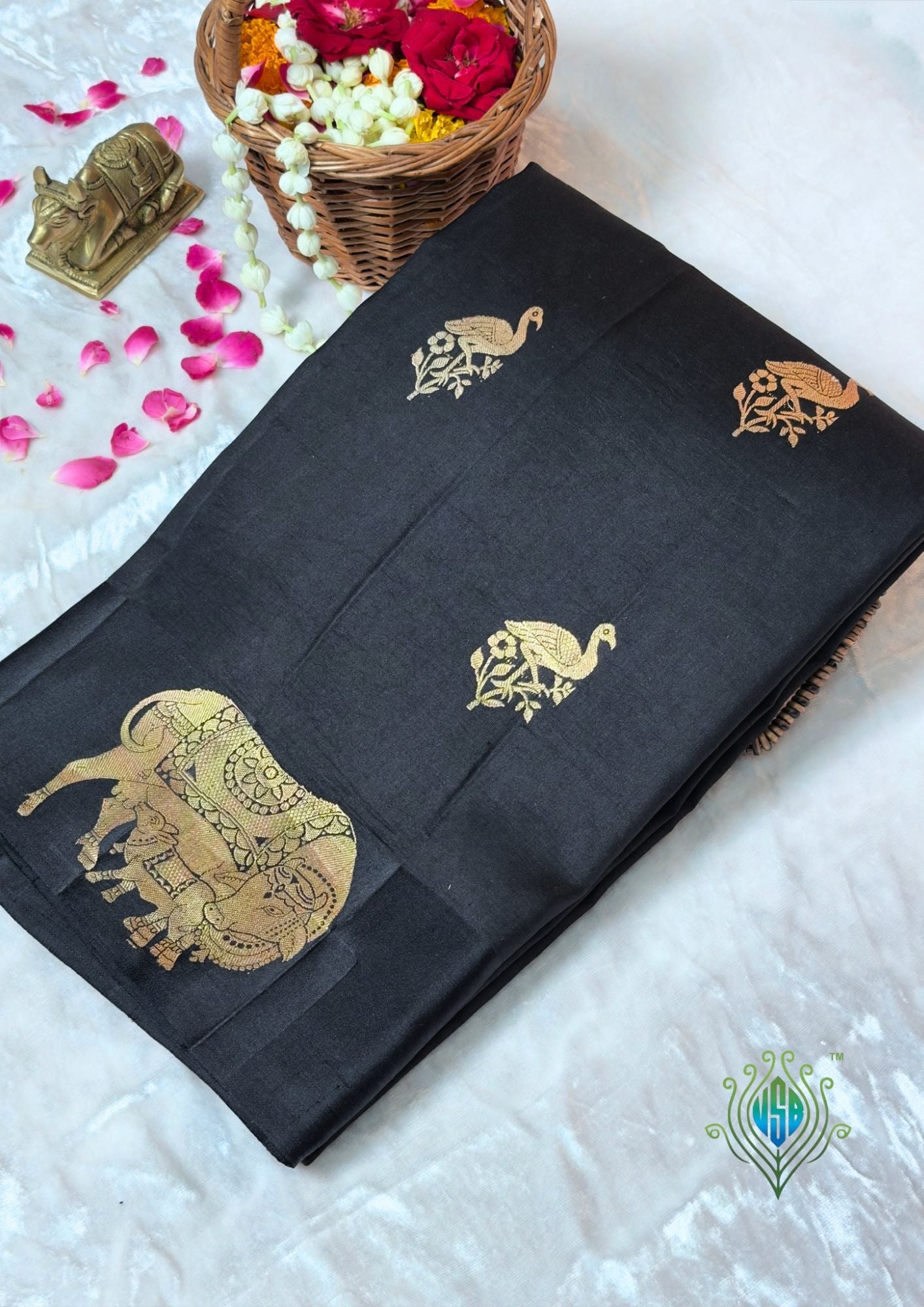 VIRASAT 369: Ochre Yellow Pure Mulberry Silk Saree with Zari Animal Motifs