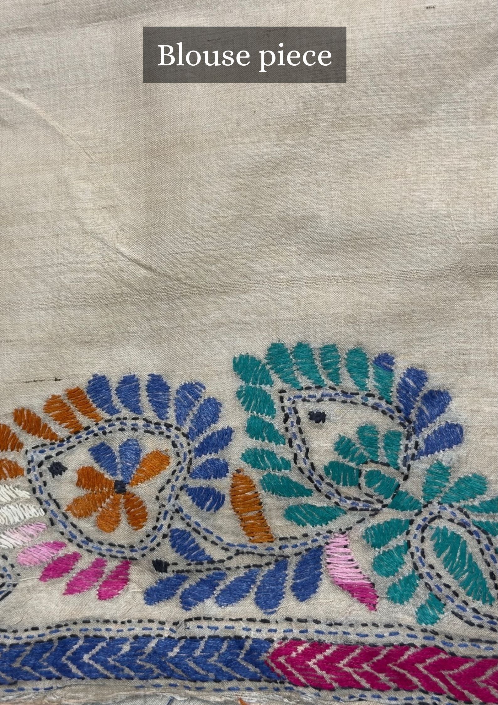 VIRASAT 357: Breezy Beige Pure Tussar Silk Saree with Multicolor Cross Stitch Work | Silk Mark Certified