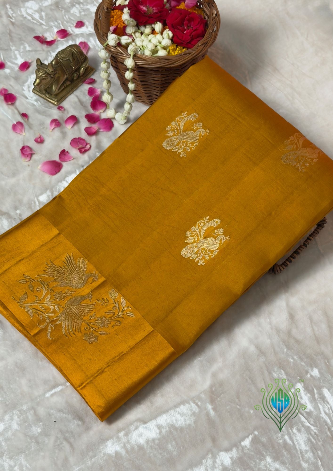 VIRASAT 372: Teal Blue Pure Mulberry Silk Saree with Zari Bird Motifs