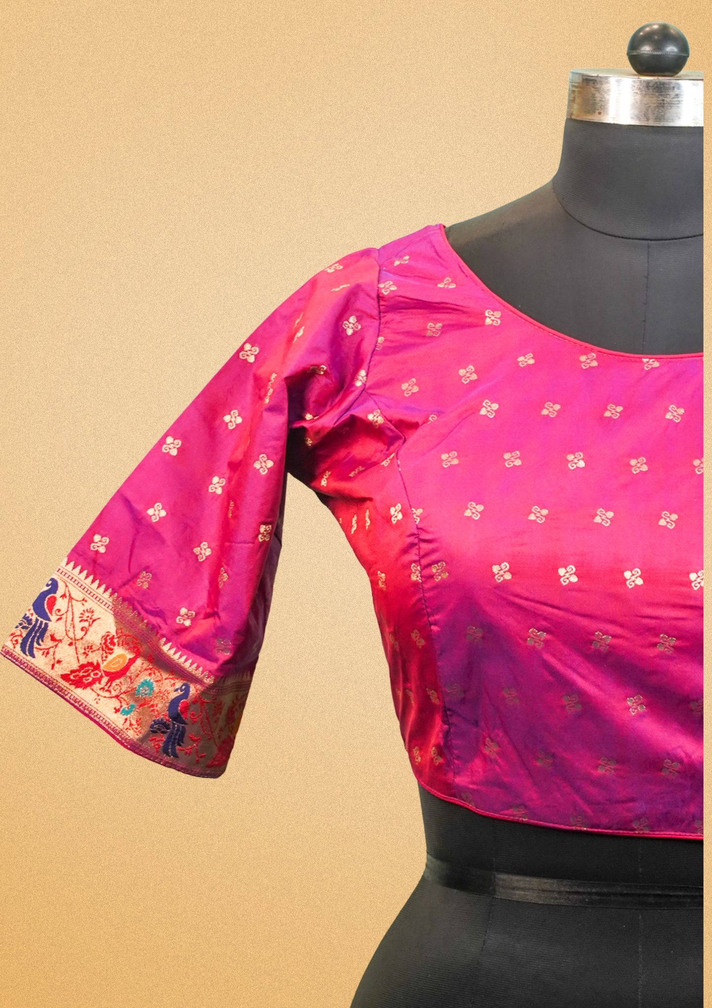 "RDM BL 010B" Banarasi Pink Blouse With Zari Weaving & Peacock Motif – Designer Back Cut & Elbow Sleeve