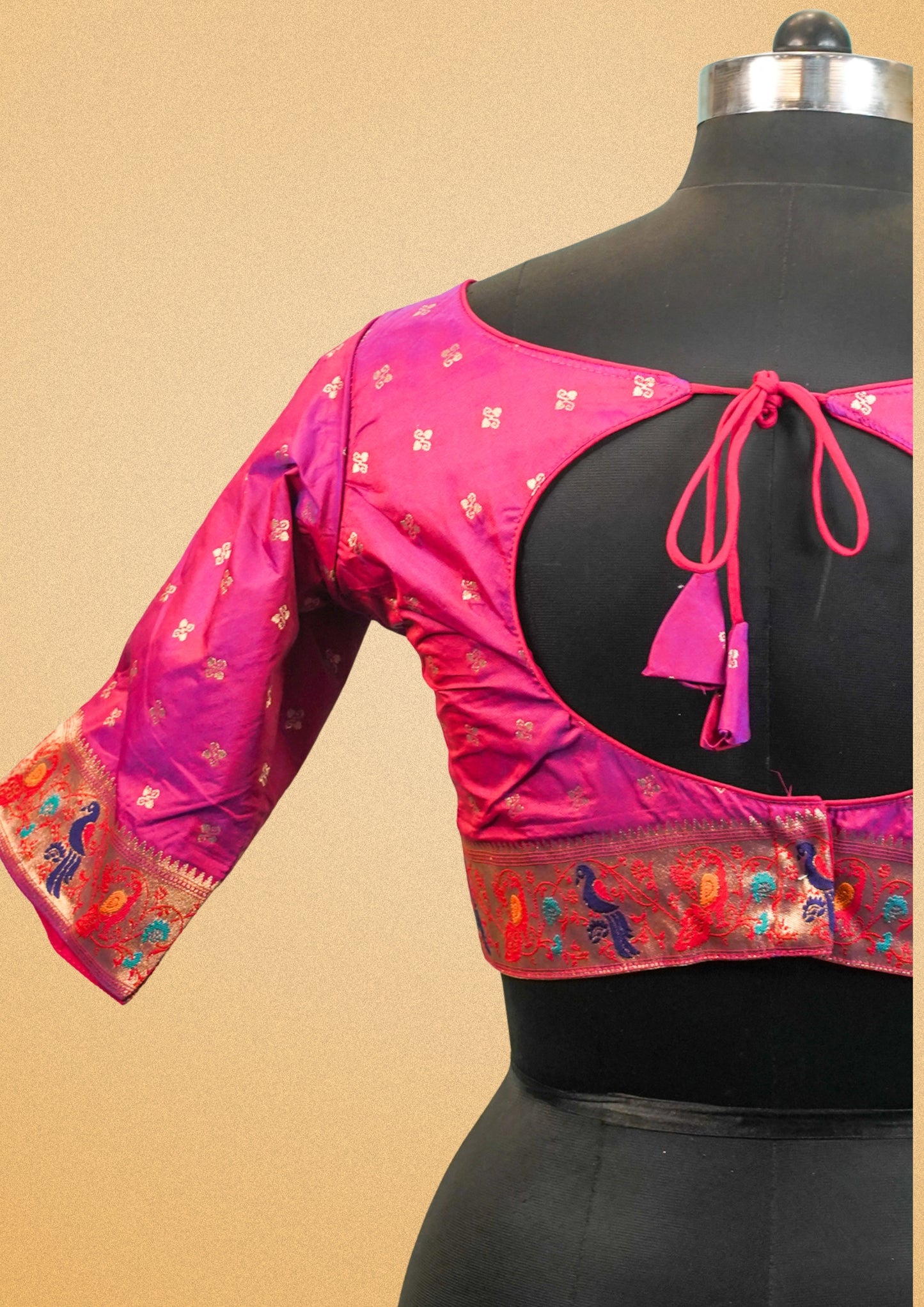 "RDM BL 010B" Banarasi Pink Blouse With Zari Weaving & Peacock Motif – Designer Back Cut & Elbow Sleeve