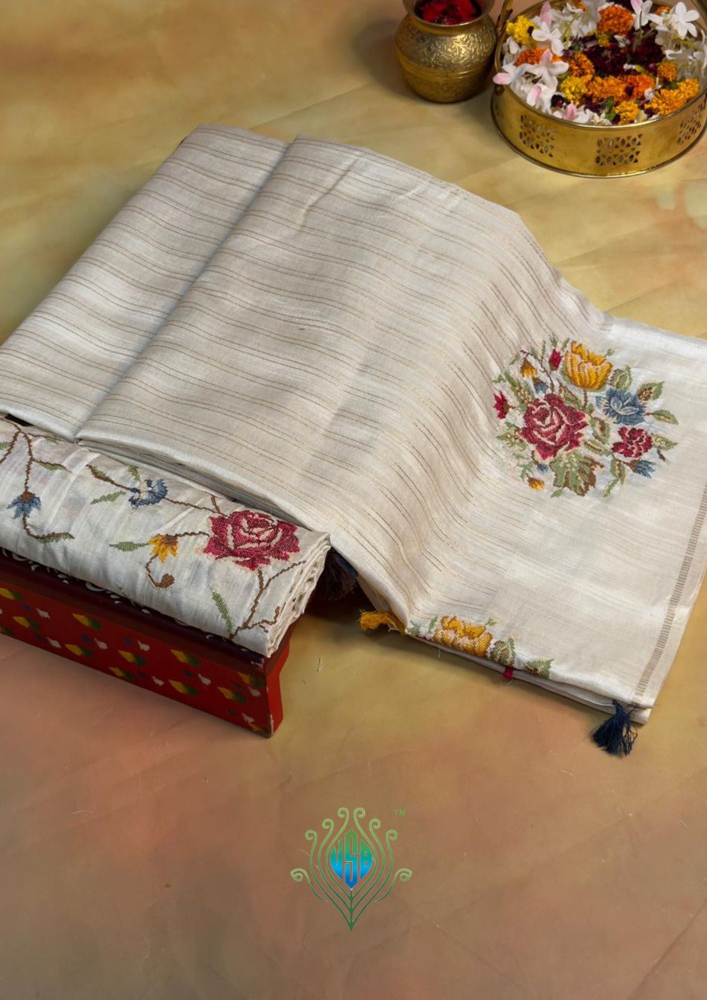 UTSAV BANARAS 394: Pearl White Raw Silk Saree with Meenakari Mandala Border & Zari Stripe Detailing