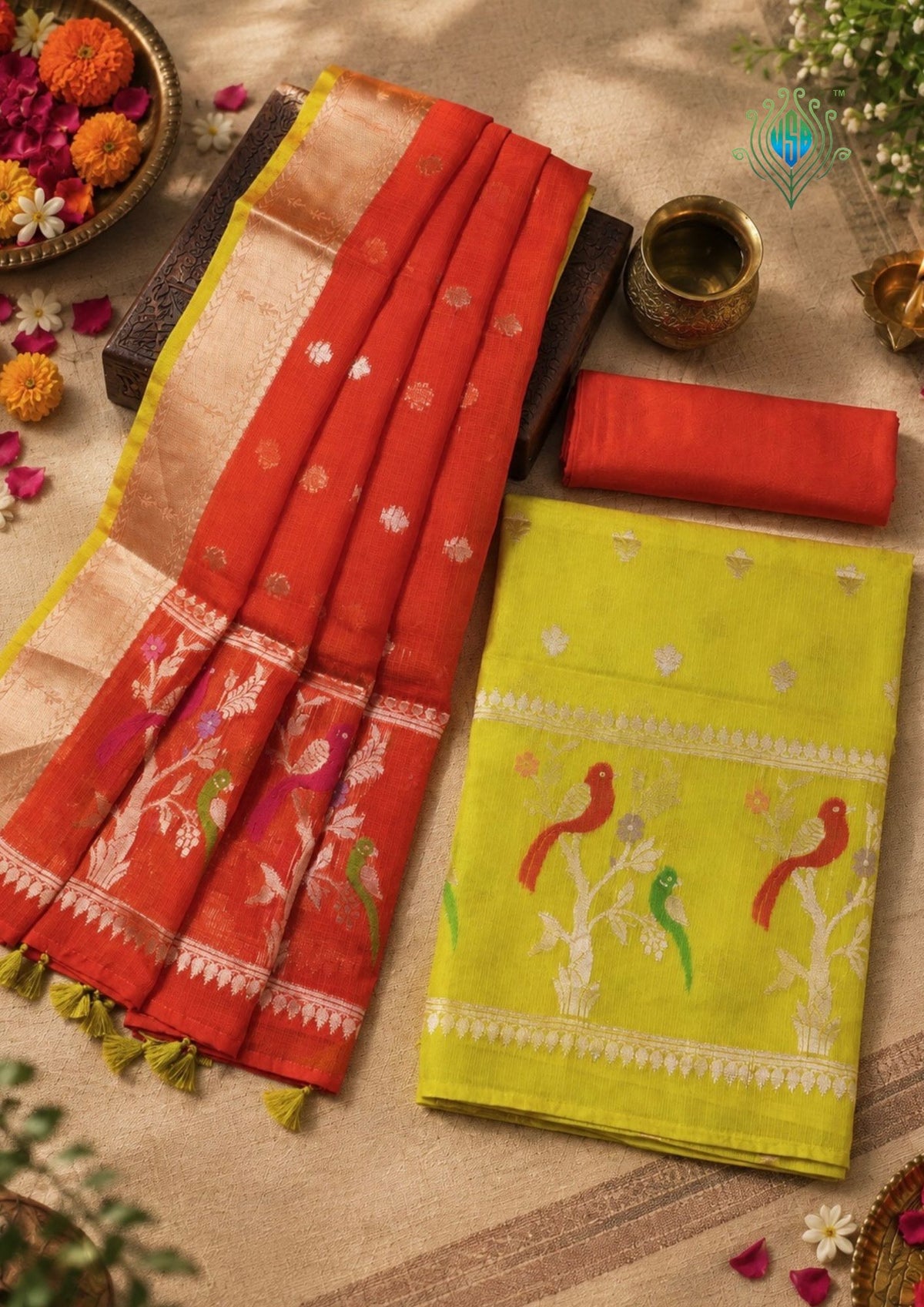 MANSI 180: Lemon Yellow & Orange Kota Silk Suit Set | Lightweight Soft Fabric with Traditional Woven Motifs